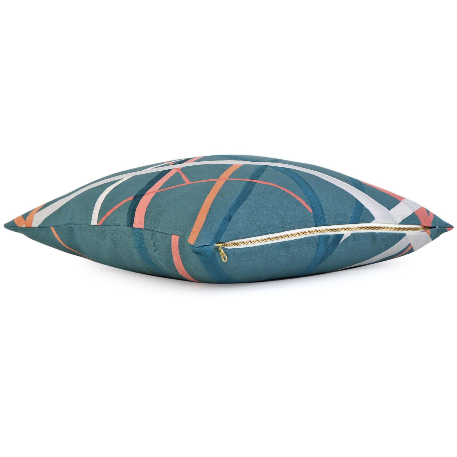 Kelly Wearstle Simpatico Teal Blue Striped Designer Decorative Throw Pillow Cover with Exposed Brass Gold Zipper