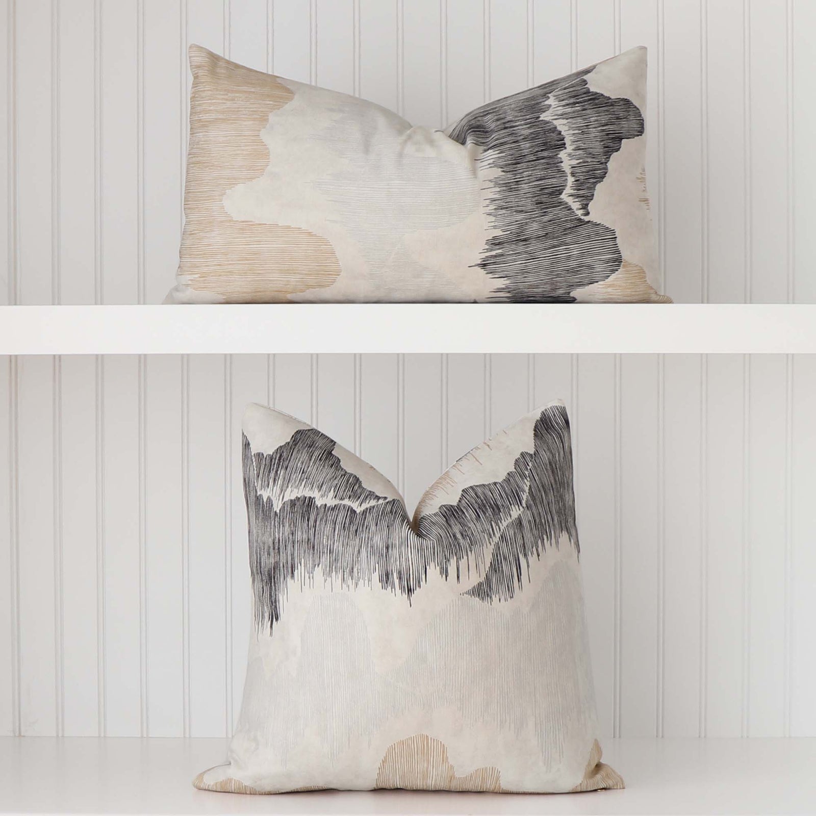 Kelly Wearstler Cascadia Basalt Tan Black Modern Chinoiserie Designer Luxury Decorative Throw Pillow Cover in Square and Lumbar Sizes