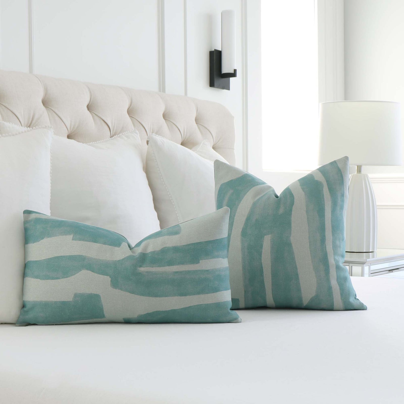 Kelly Wearstler Intargia Aquamarine Light Blue Striped Designer Throw Pillow Cover in Bedroom