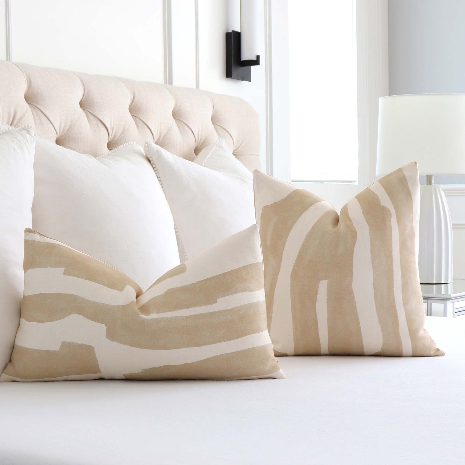 Kelly Wearstler Kravet Intargia Bluff Beige Designer Handcrafted Throw Pillow Cover in Bedroom