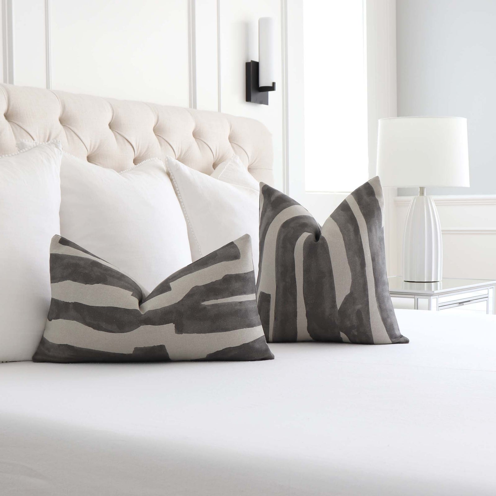 Kelly Wearstler Intargia Raven Painterly Geometric Designer Throw Pillow Cover in Bedroom