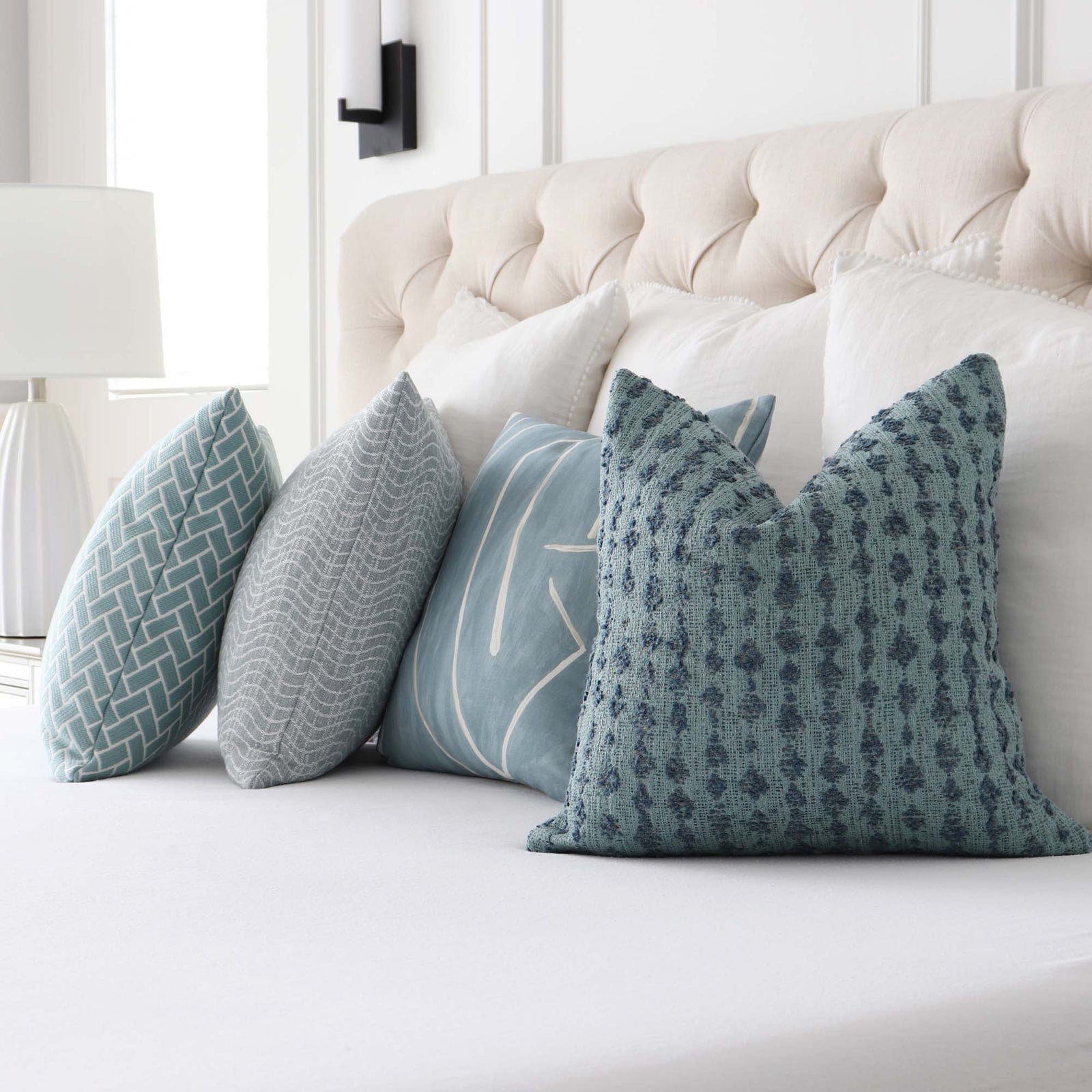 Kelly Wearstler LeeJofa Serai Sky Blue Stripe Boucle Designer Throw Pillow Cover with Complementing Throw Pillows