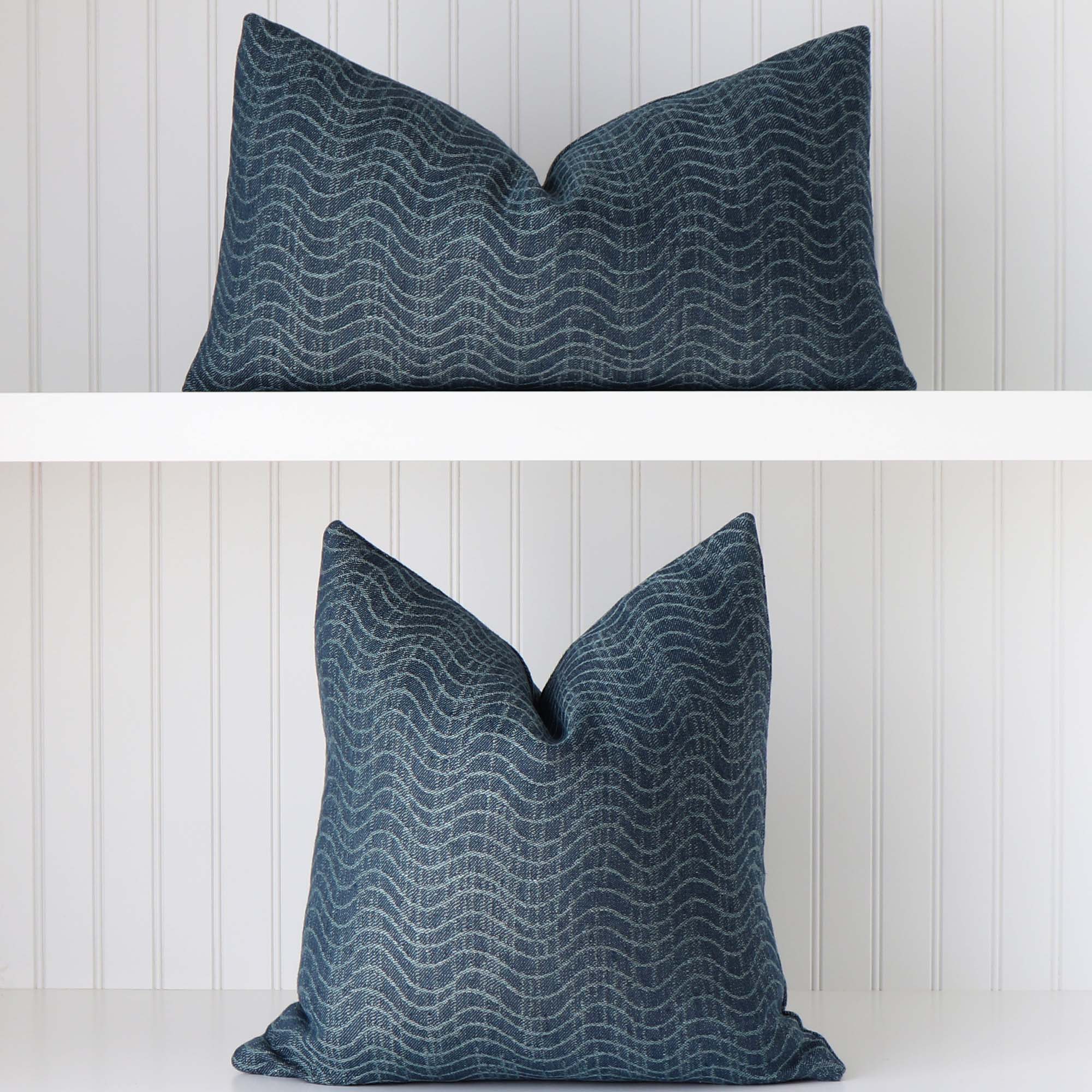 Kelly Wearstler LeeJofa Dadami Marlin Cobalt Denim Blue Woven Linen Striped Designer Throw Pillow Cover Square and Lumbar Sizes