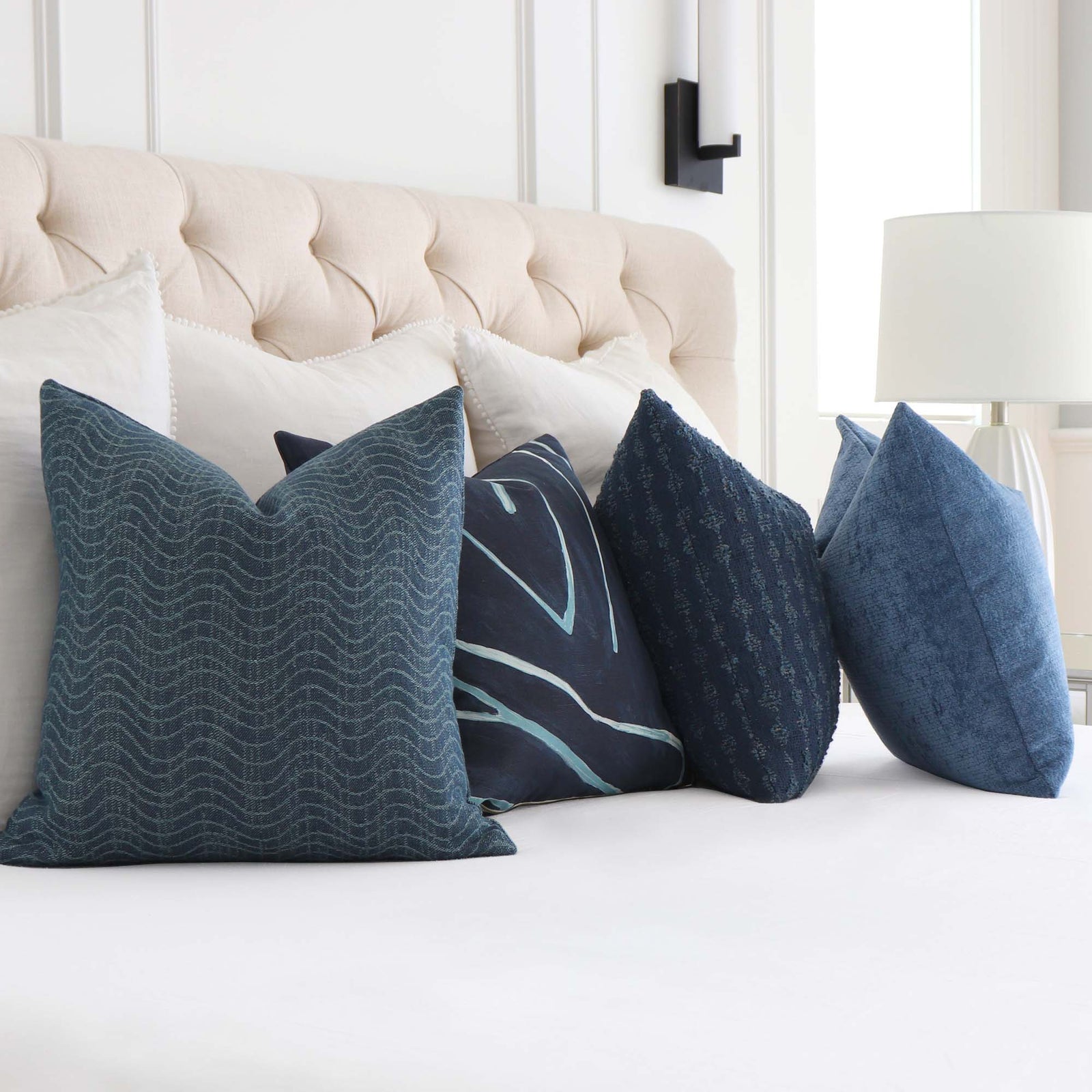 Kelly Wearstler LeeJofa Dadami Marlin Cobalt Denim Blue Woven Linen Striped Designer Throw Pillow Cover with Complementing Pillows