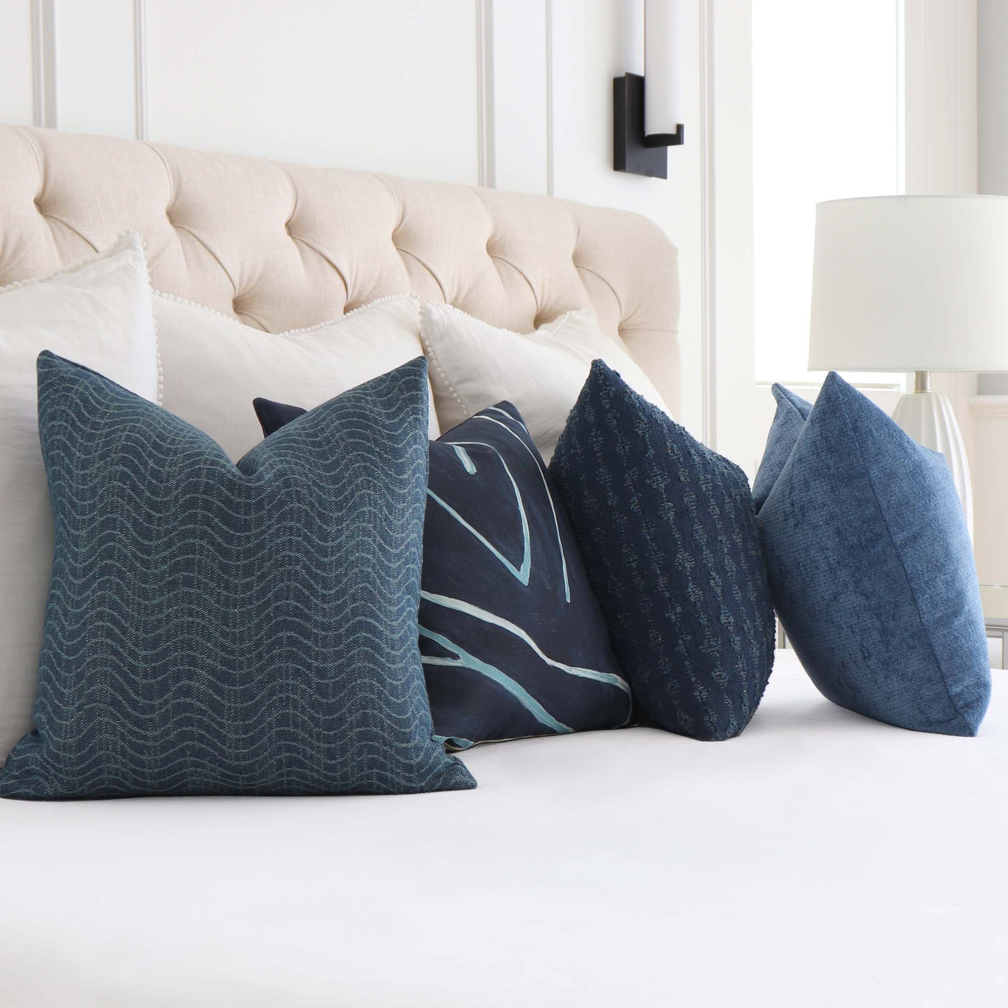Kelly Wearstler LeeJofa Dadami Marlin Cobalt Denim Blue Woven Linen Striped Designer Throw Pillow Cover with Complementing Pillows