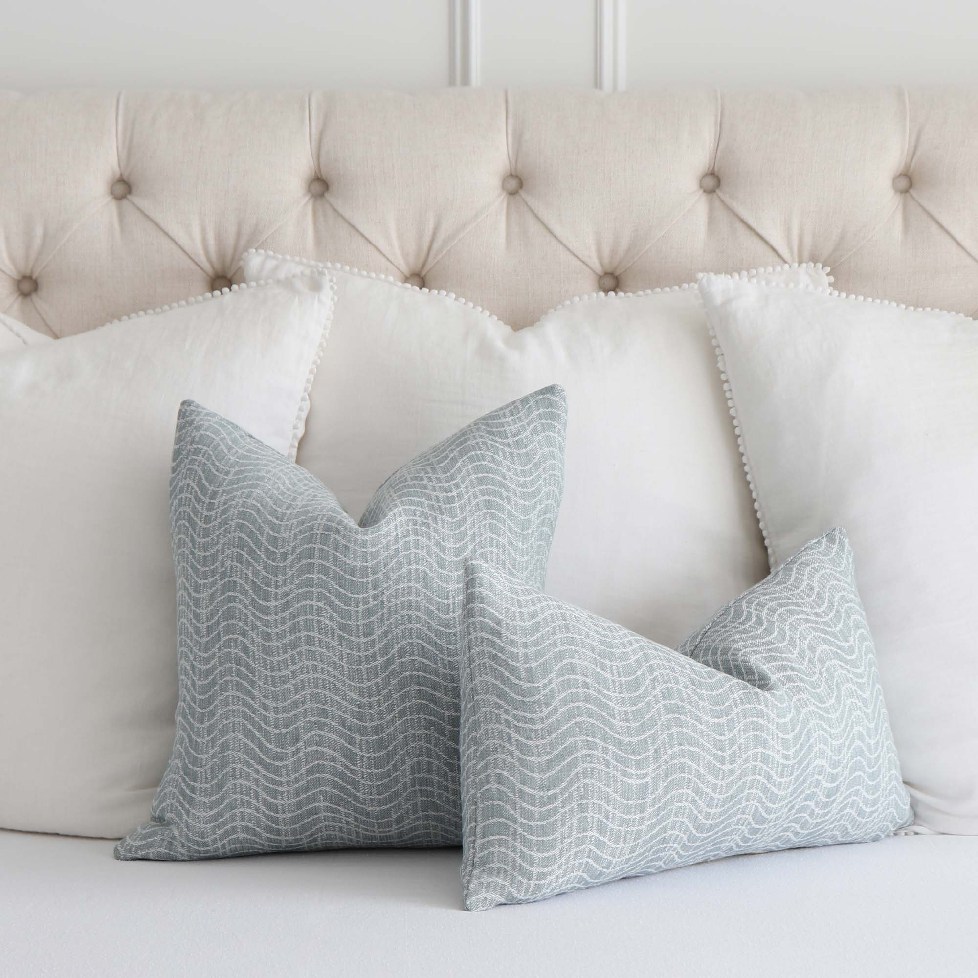 Kelly Wearstler Lee Jofa Dadami Pool Blue Woven Linen Striped Designer Throw Pillow Cover on Bed
