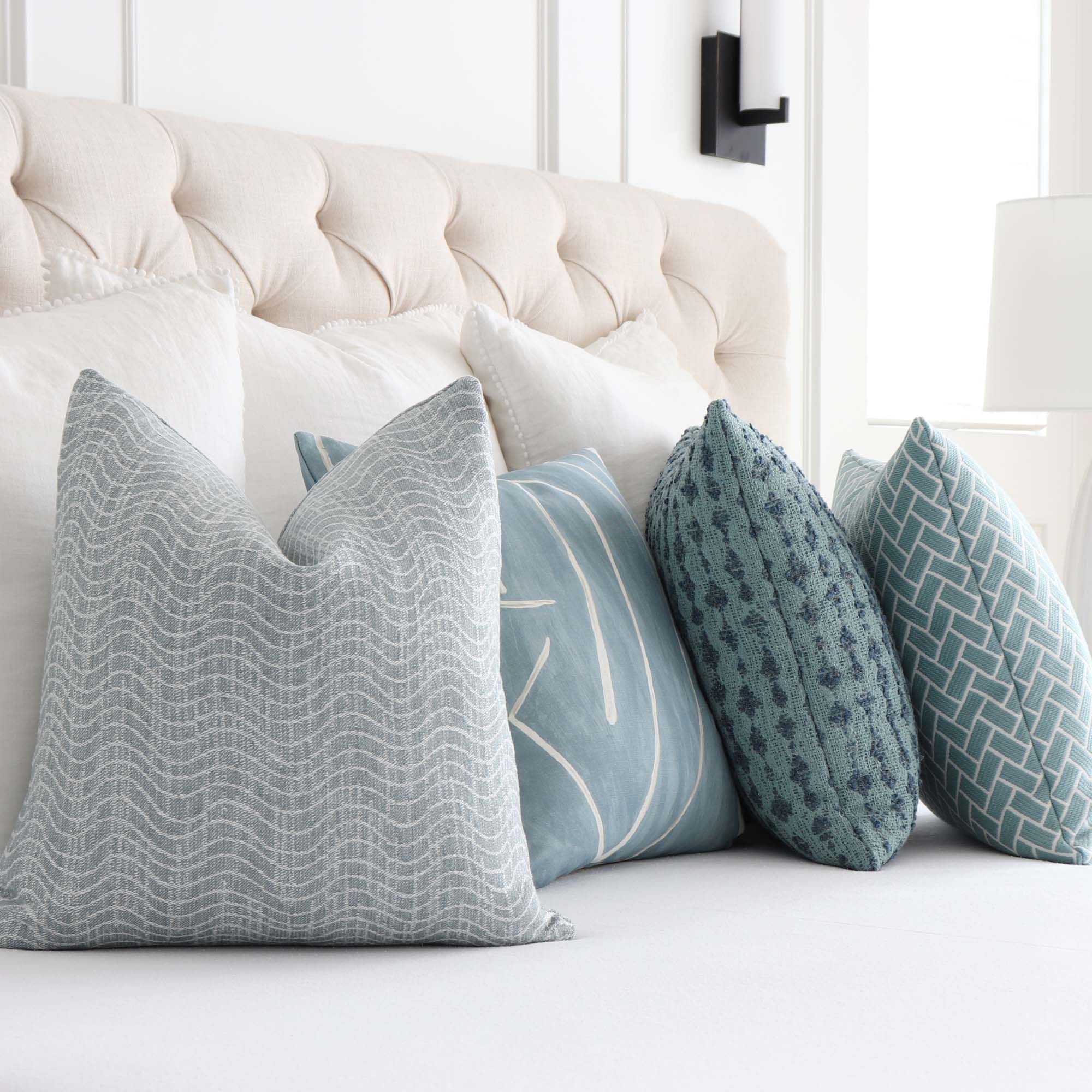 Kelly Wearstler Lee Jofa Dadami Pool Blue Woven Linen Striped Designer Throw Pillow Cover