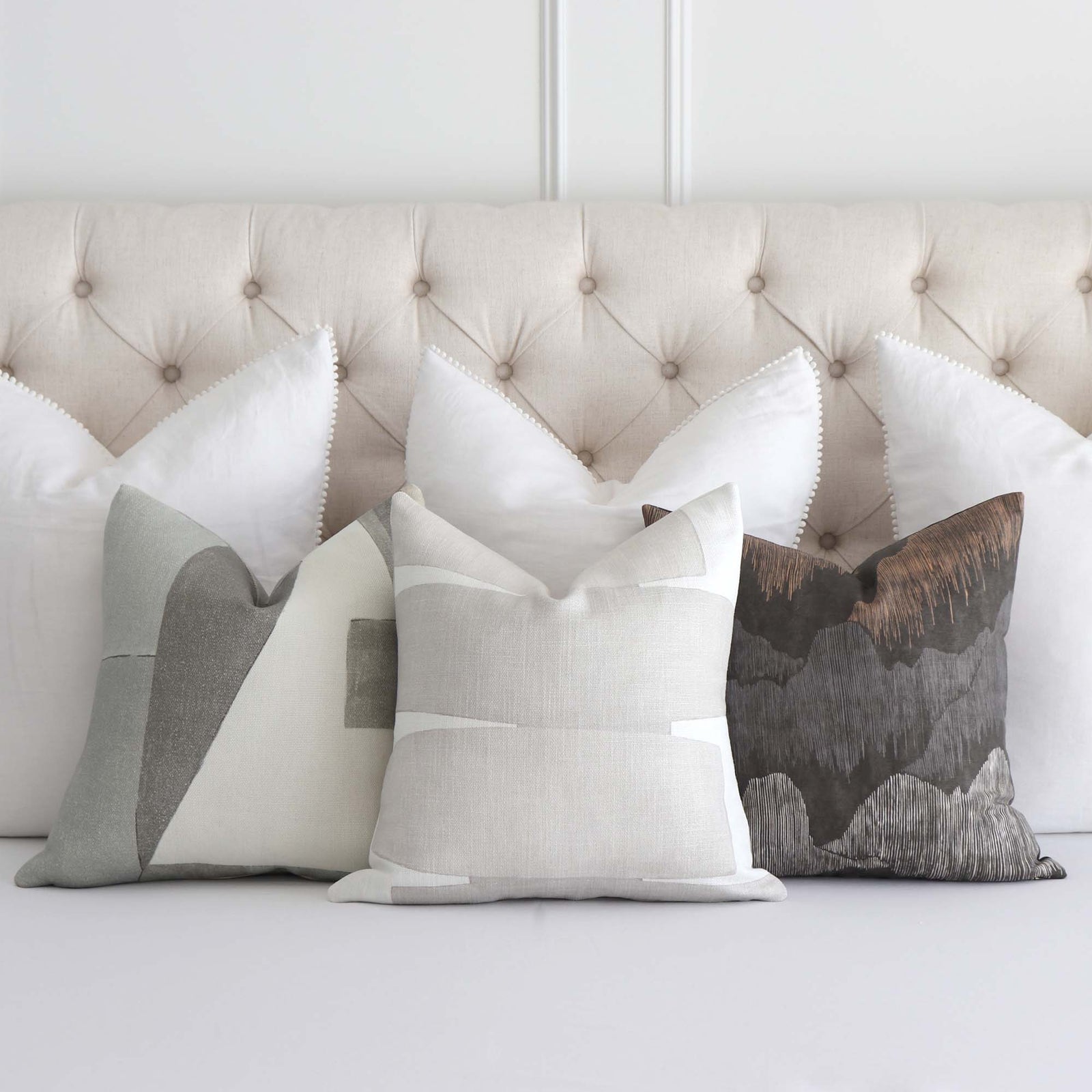 Kravet Stacked Fog Gray Graphic Print Designer Throw Pillow Cover with Complementing Throw Pillows