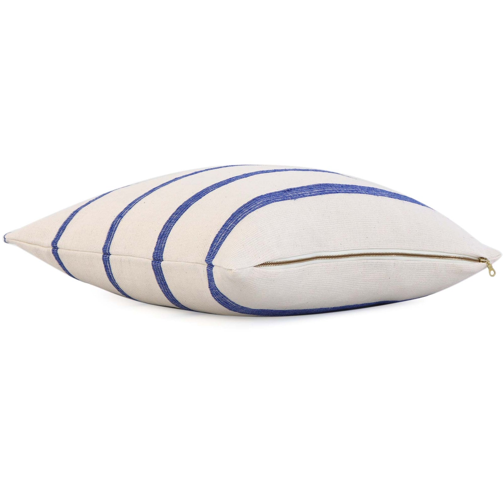Cambaya Blue Handwoven Stripe Designer Textured Throw Pillow Cover with Exposed Brass Gold YKK Zipper