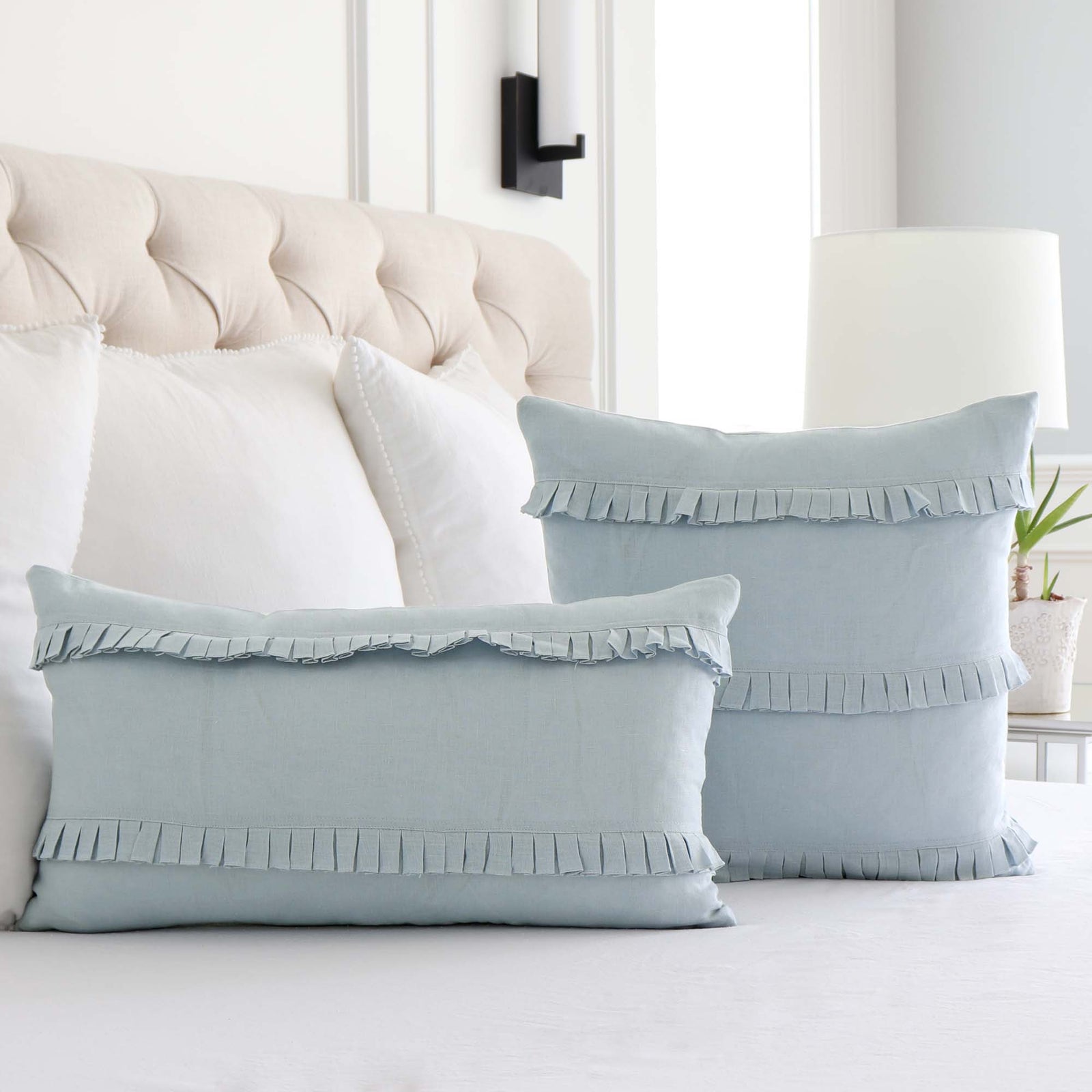 Schumacher Dorothy Pleated Linen Chambray Blue Designer Decorative Throw Pillow Cover in Bedroom