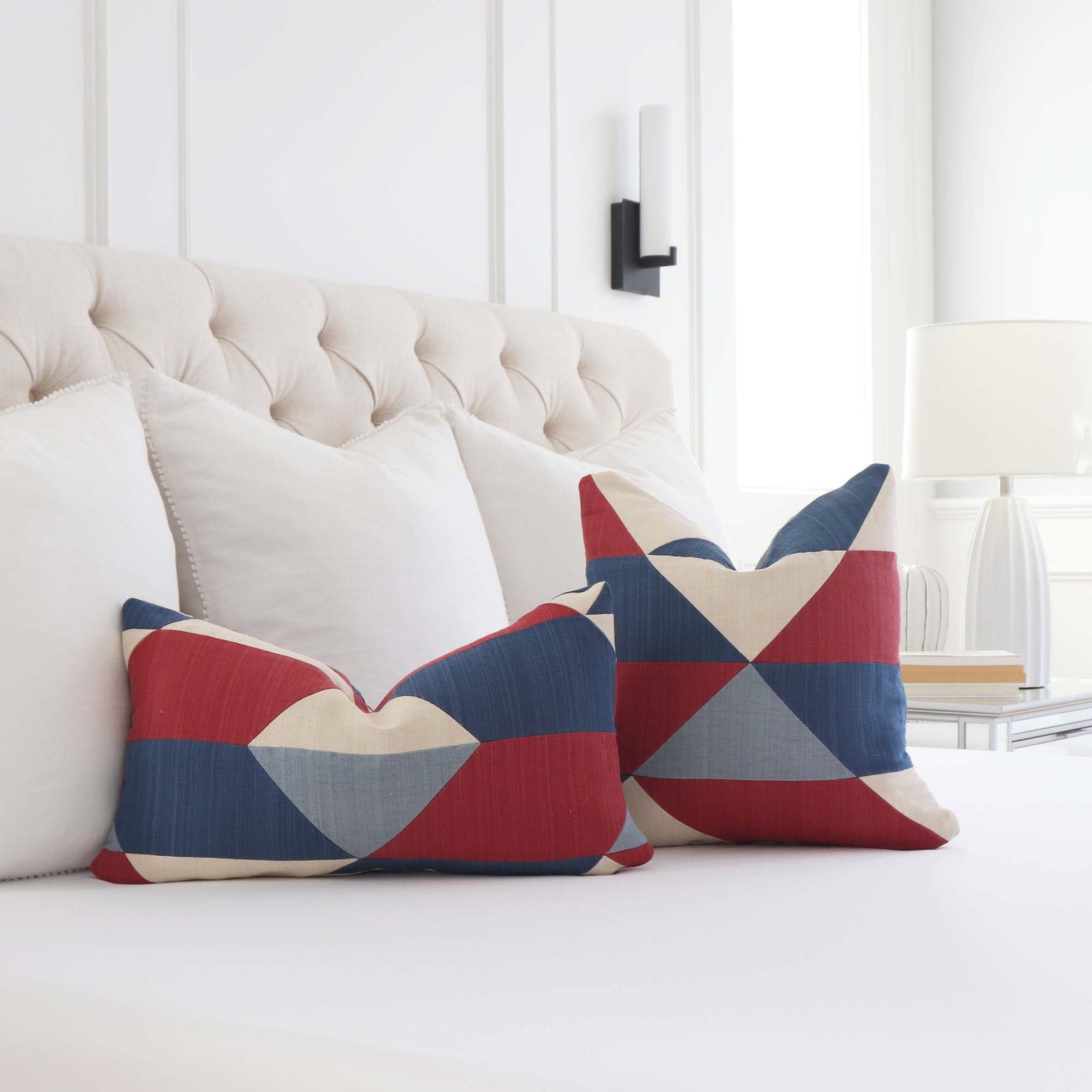 Schumacher Erindale Americana Red White Blue Patchwork Rustic Designer Throw Pillow Cover on Bed in Bedroom