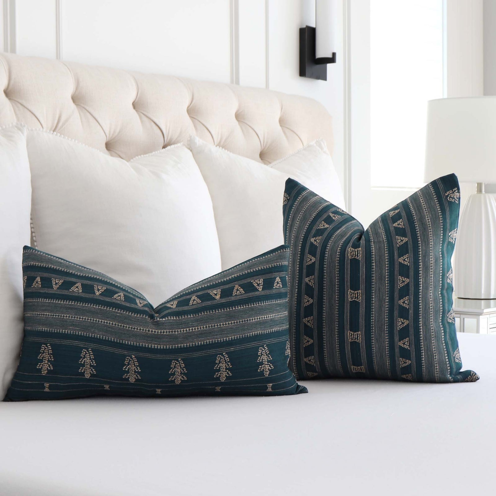 Schumacher Nima Embroidered Cotton Linen Indigo Blue Designer Luxury Throw Pillow Cover in Bedroom