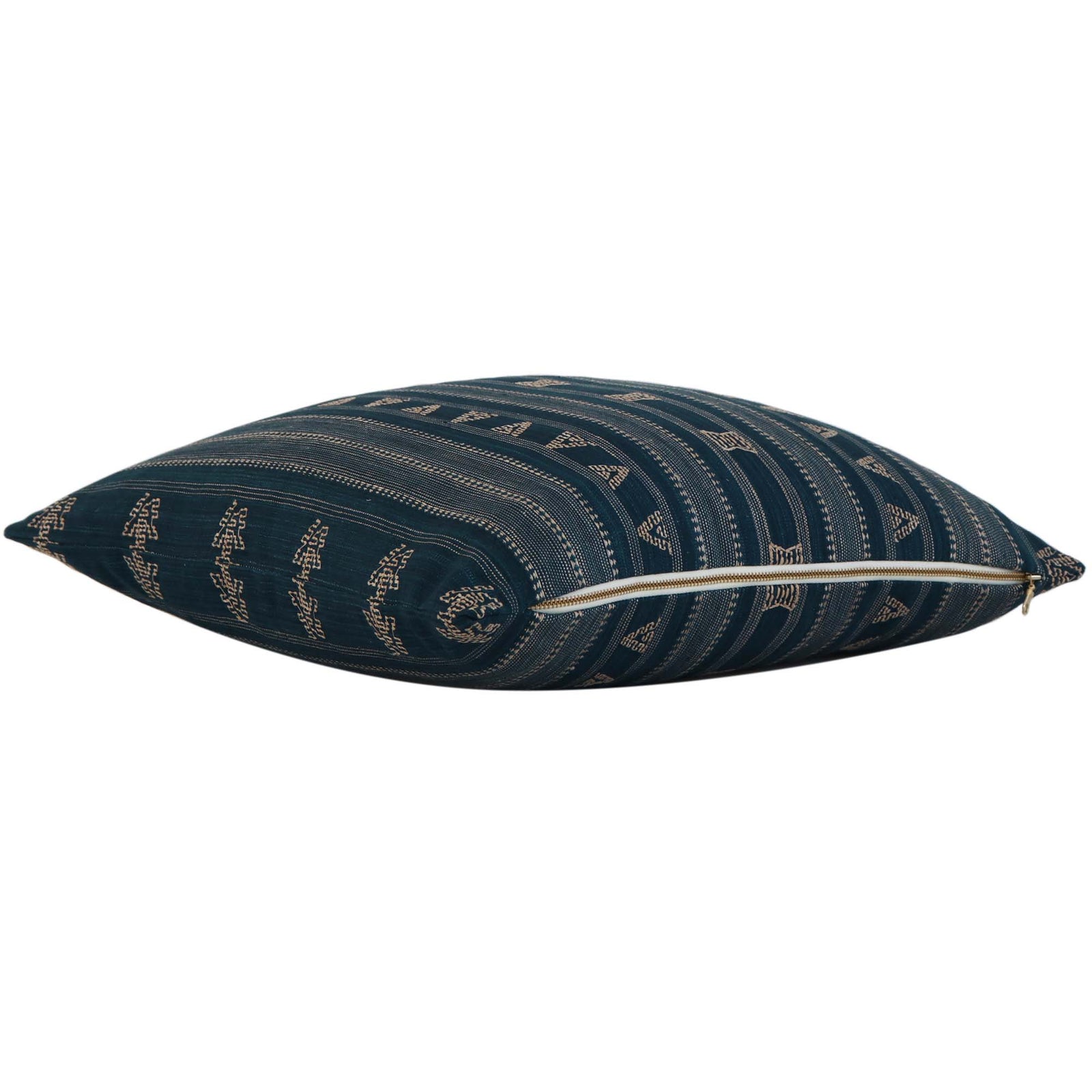 Schumacher Nima Embroidered Cotton Linen Indigo Blue Designer Luxury Throw Pillow Cover with Exposed Brass Gold YKK Zipper