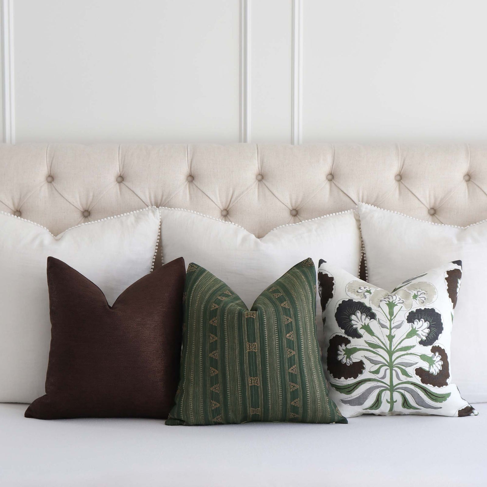 Schumacher Nima Embroidered Jungle Green Linen Luxury Designer Throw Pillow Cover with Coordinating Throw Pillows