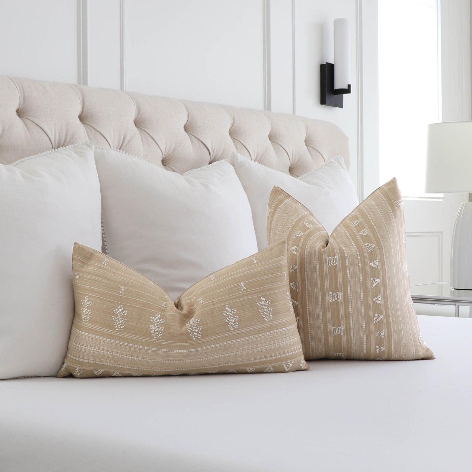 Schumacher Nima Embroidered Cotton Tan Geometric Pattern Designer Luxury Throw Pillow Cover in Bedroom