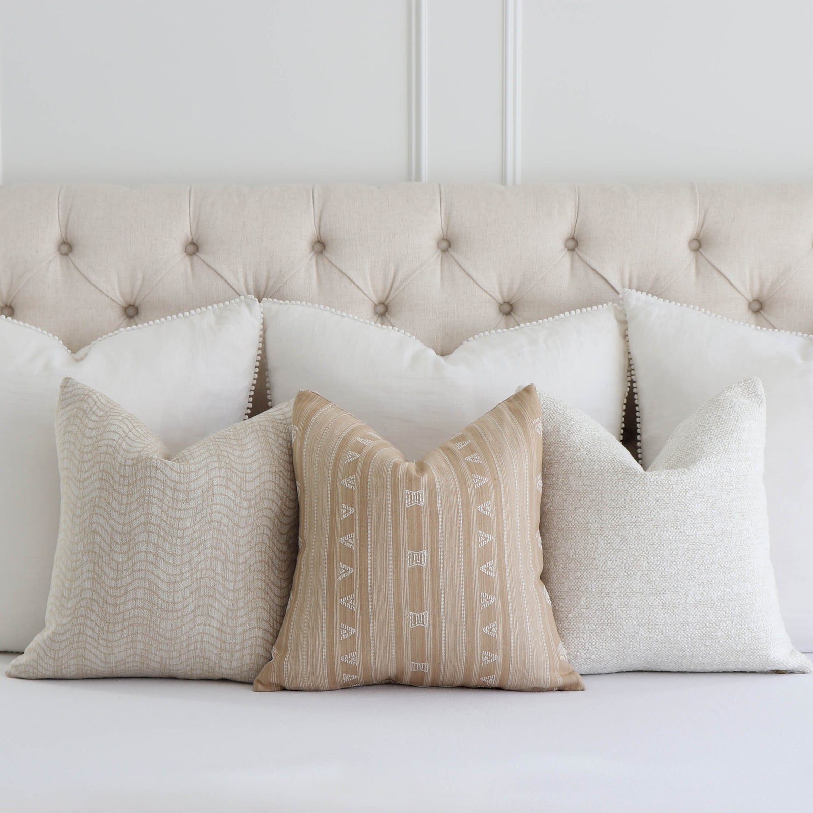 Schumacher Nima Embroidered Cotton Tan Geometric Pattern Designer Luxury Throw Pillow Cover with Complementing Throw Pillows