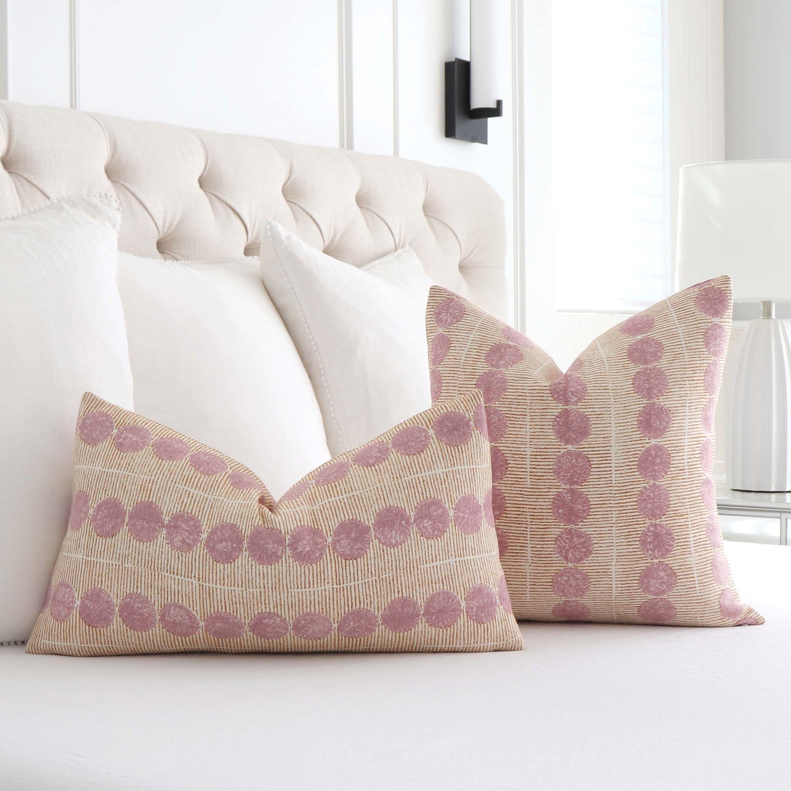 Schumacher Molly Mahon Sun Rise Rose Copper Hand Block Print Circle Orbs Linen Designer Luxury Throw Pillow Cover in Bedroom on Bed