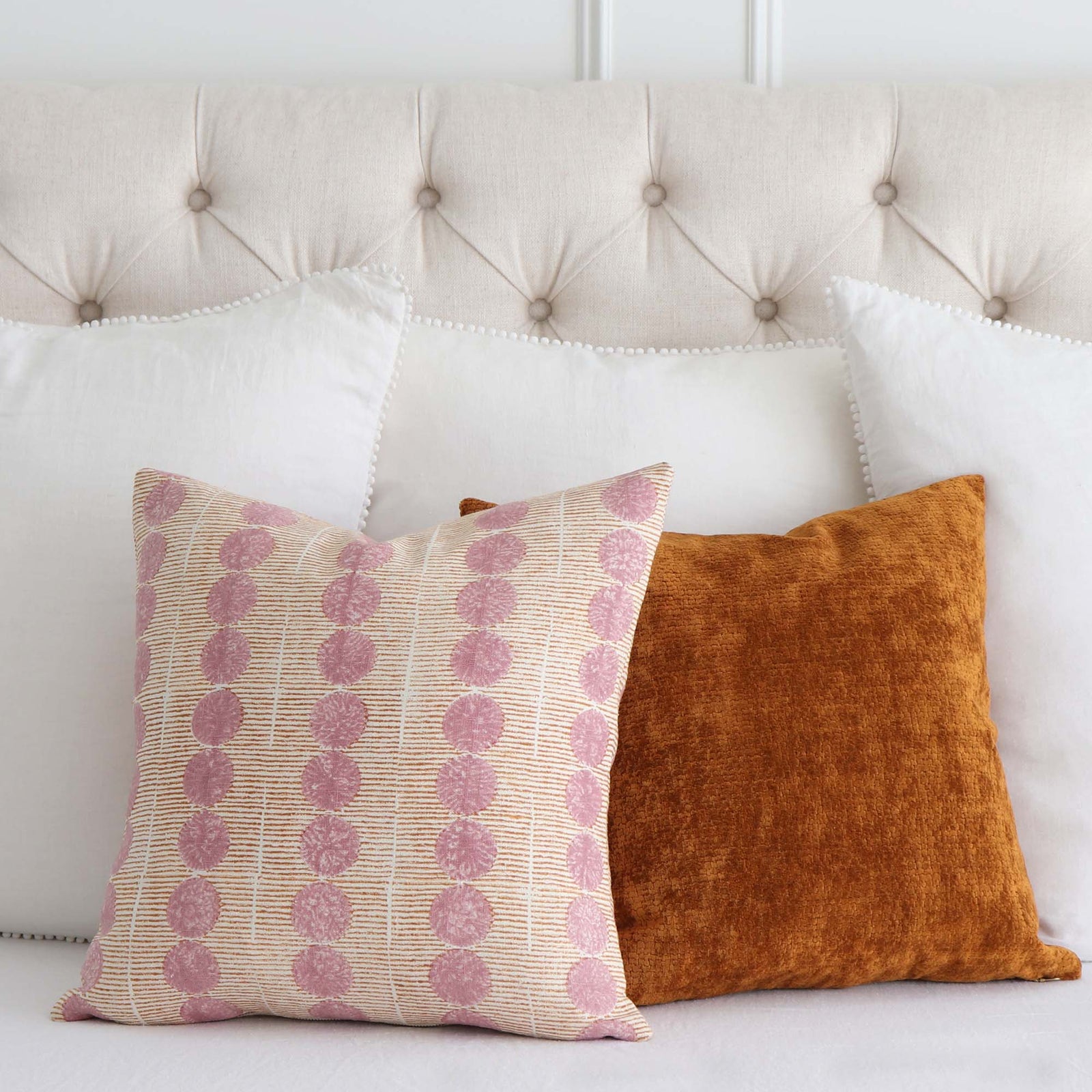 Schumacher Molly Mahon Sun Rise Rose Copper Hand Block Print Circle Orbs Linen Designer Luxury Throw Pillow Cover with Matching Throw Pillow