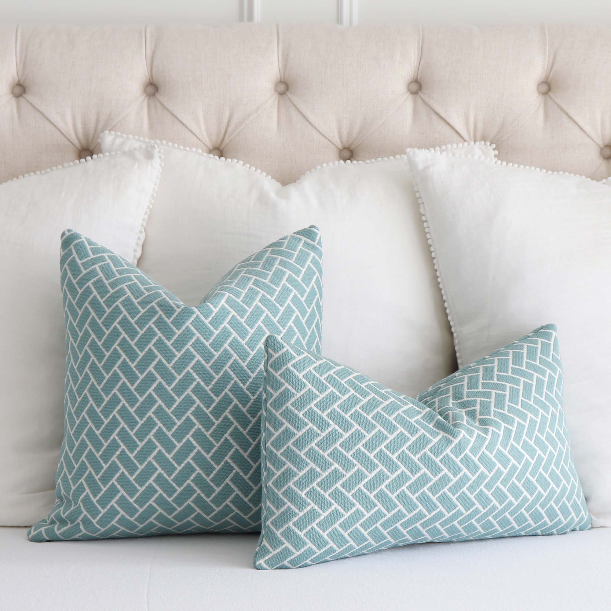 Thibaut Cobblestone Seaglass Blue Performance Textured Designer Decorative Chevron Throw Pillow Cover on Bed