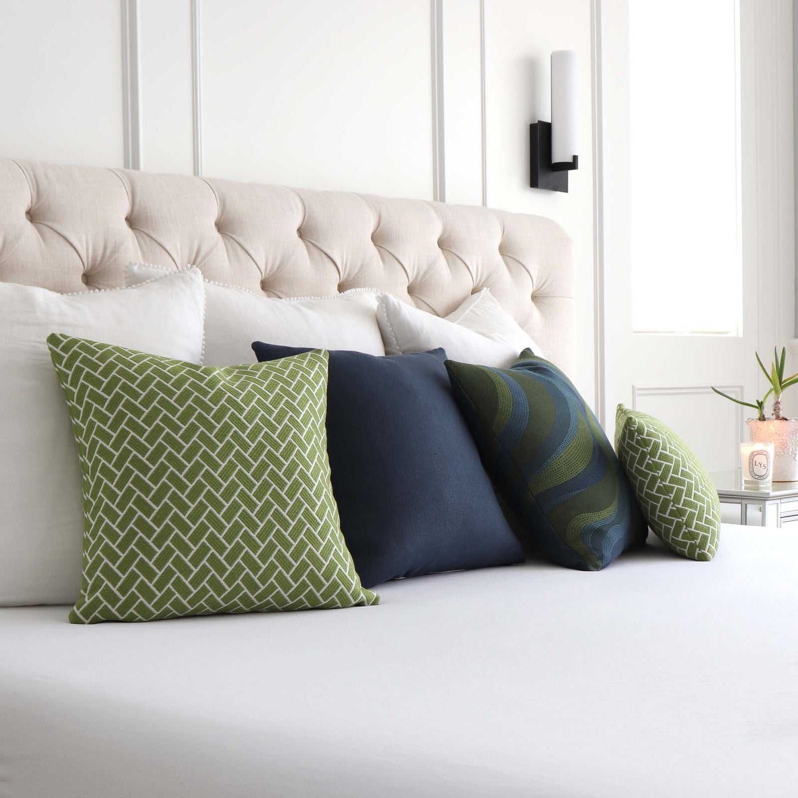 Thibaut Cobblestone Spring Lime Green Performance Textured Designer Decorative Chevron Throw Pillow Cover in Bedroom with Matching Pillows