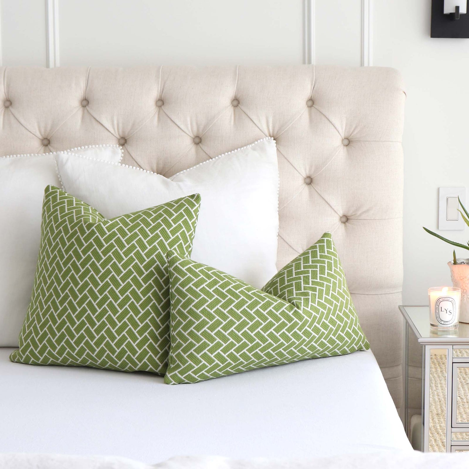 Thibaut Cobblestone Spring Lime Green Performance Textured Designer Decorative Chevron Throw Pillow Cover on Bed