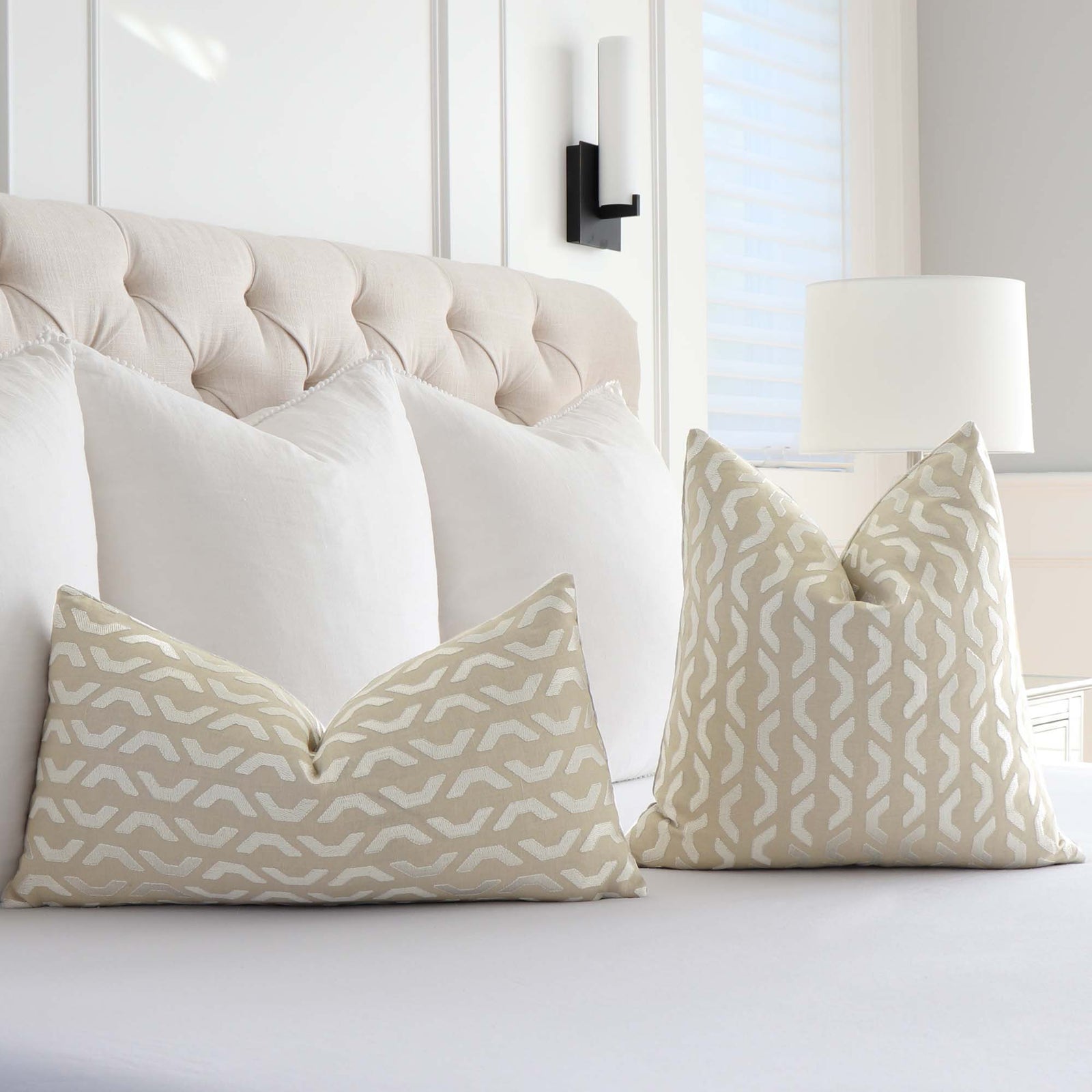 Thibaut Coronado Embroidery Beige Geometric Luxury Designer Throw Pillow Cover in Bedroom on Bed