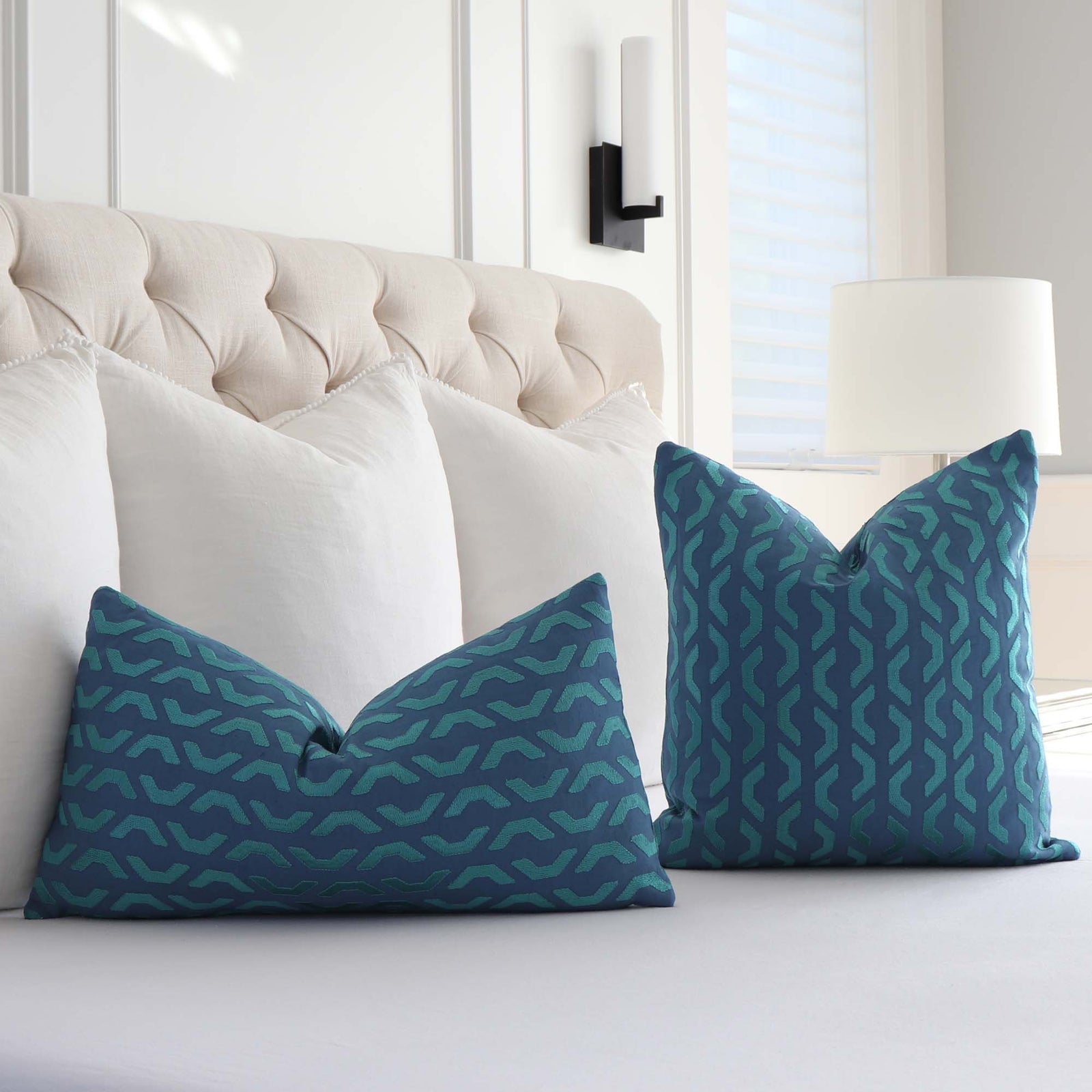 Thibaut Coronado Embroidery Blue and Teal Striped Designer Decorative Throw Pillow on Bed in Bedroom