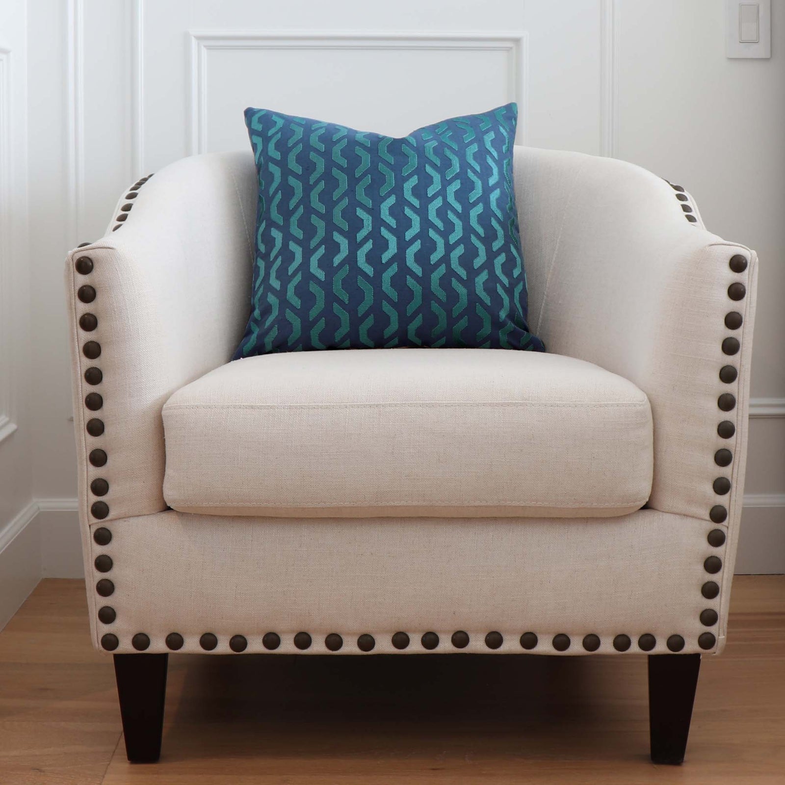 Thibaut Coronado Embroidery Blue and Teal Striped Designer Decorative Throw Pillow on White Accent Barrel Chair