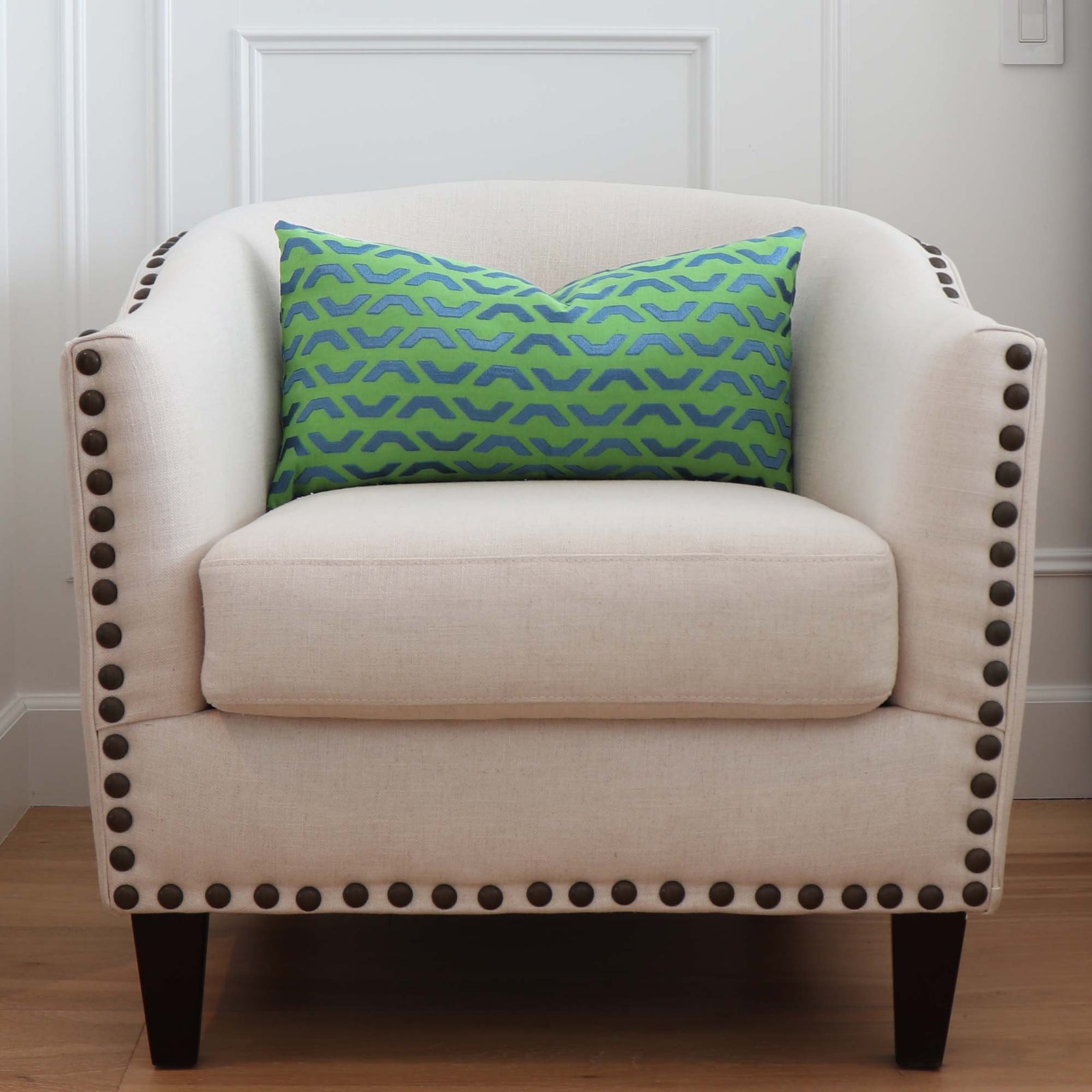 Thibaut Coronado Embroidery Green Blue Geometric Luxury Designer Throw Pillow Cover on Accent Chair