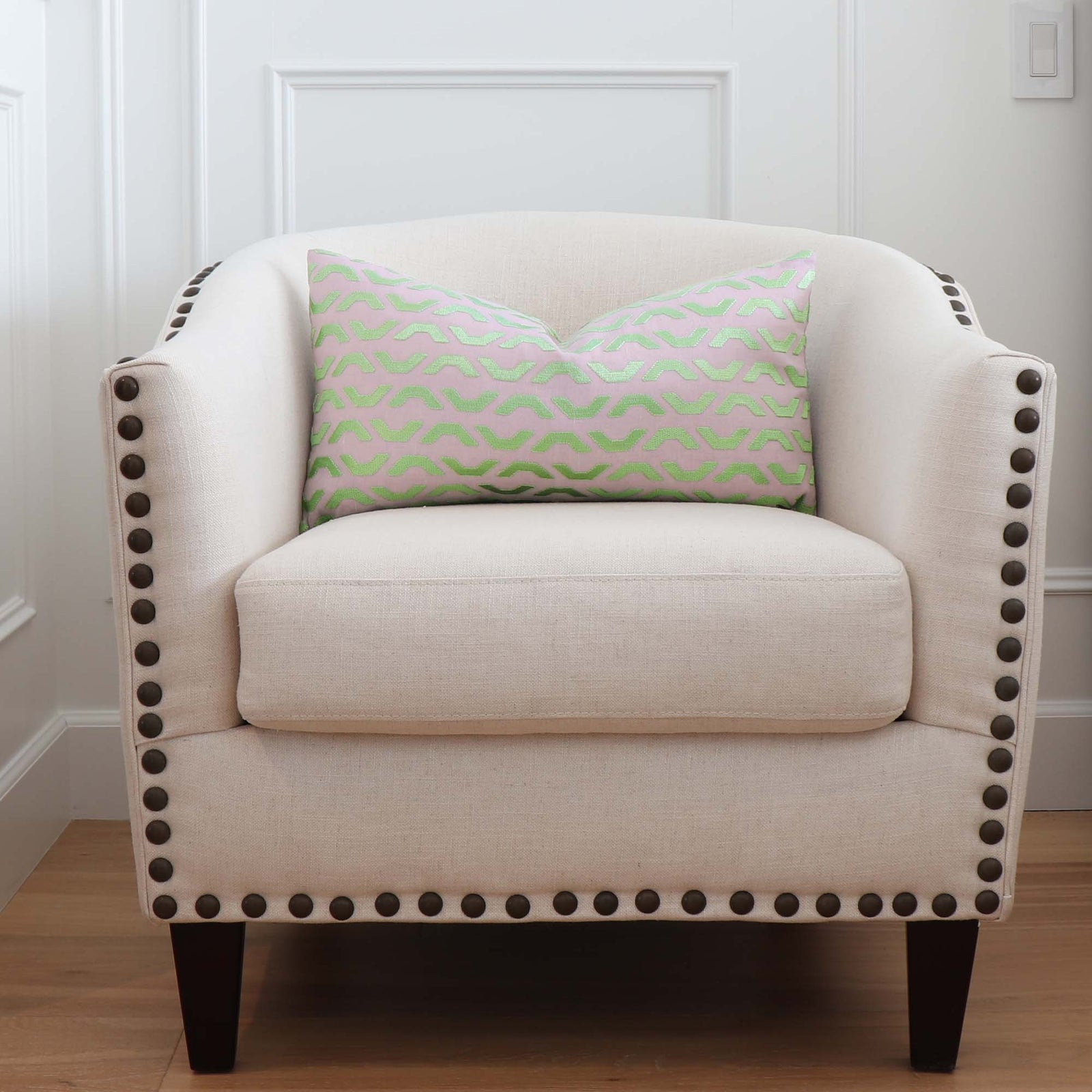 Thibaut Coronado Embroidery Lavender Geometric Designer Luxury Throw Pillow Cover on Accent Chair