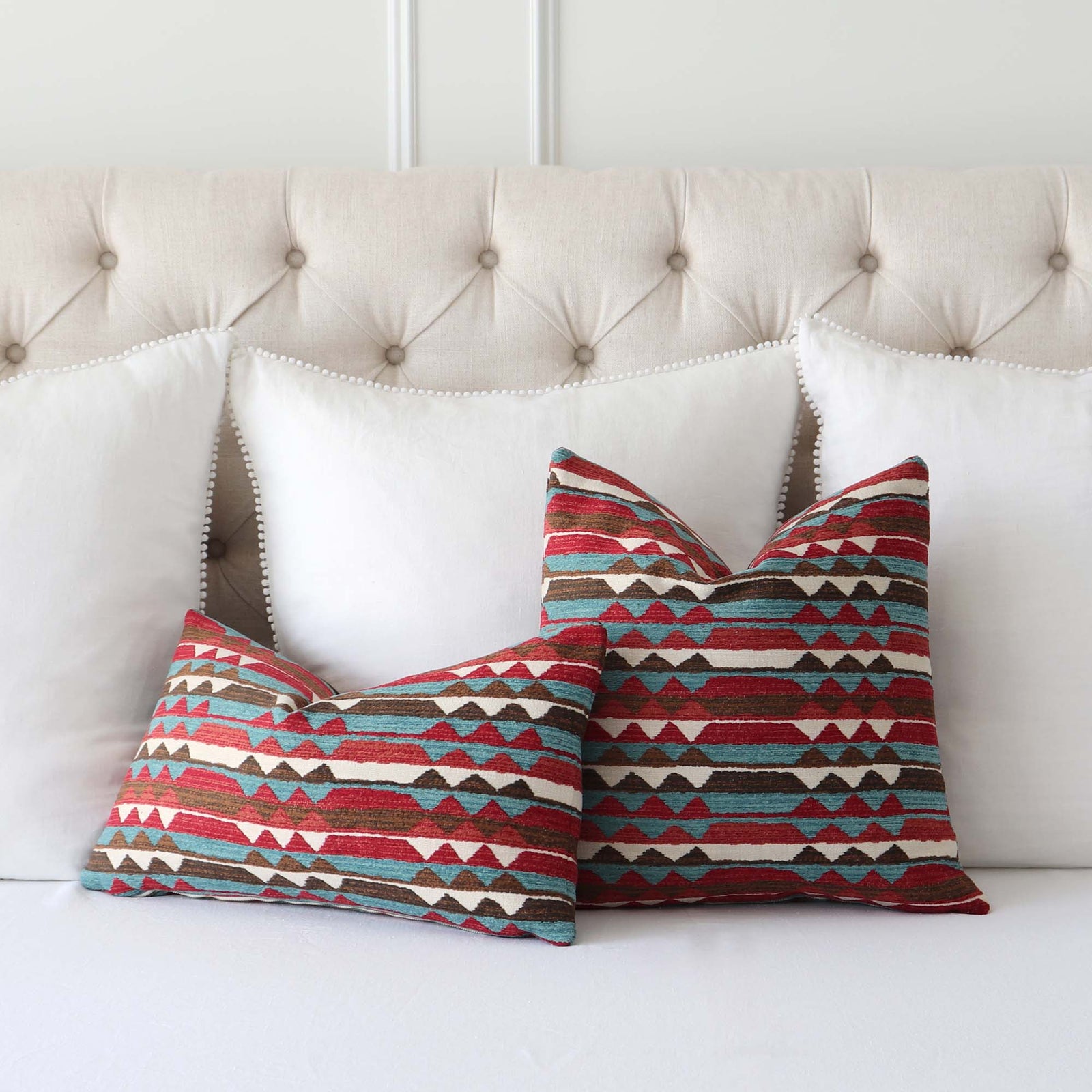 Thibaut Performance Fabric Saranac Redwood Red Turquoise Blue Woven Ikat Kilim Pattern Designer Luxury Throw Pillow Cover on Bed