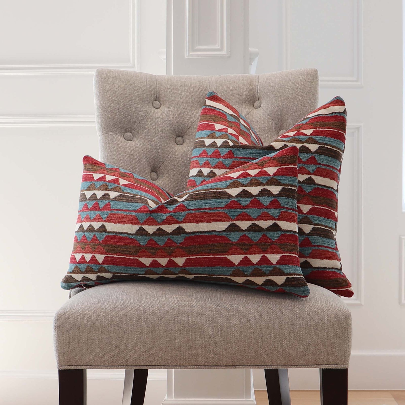 Thibaut Performance Fabric Saranac Redwood Red Turquoise Blue Woven Ikat Kilim Pattern Designer Luxury Throw Pillow Cover on Chair in Home Decor