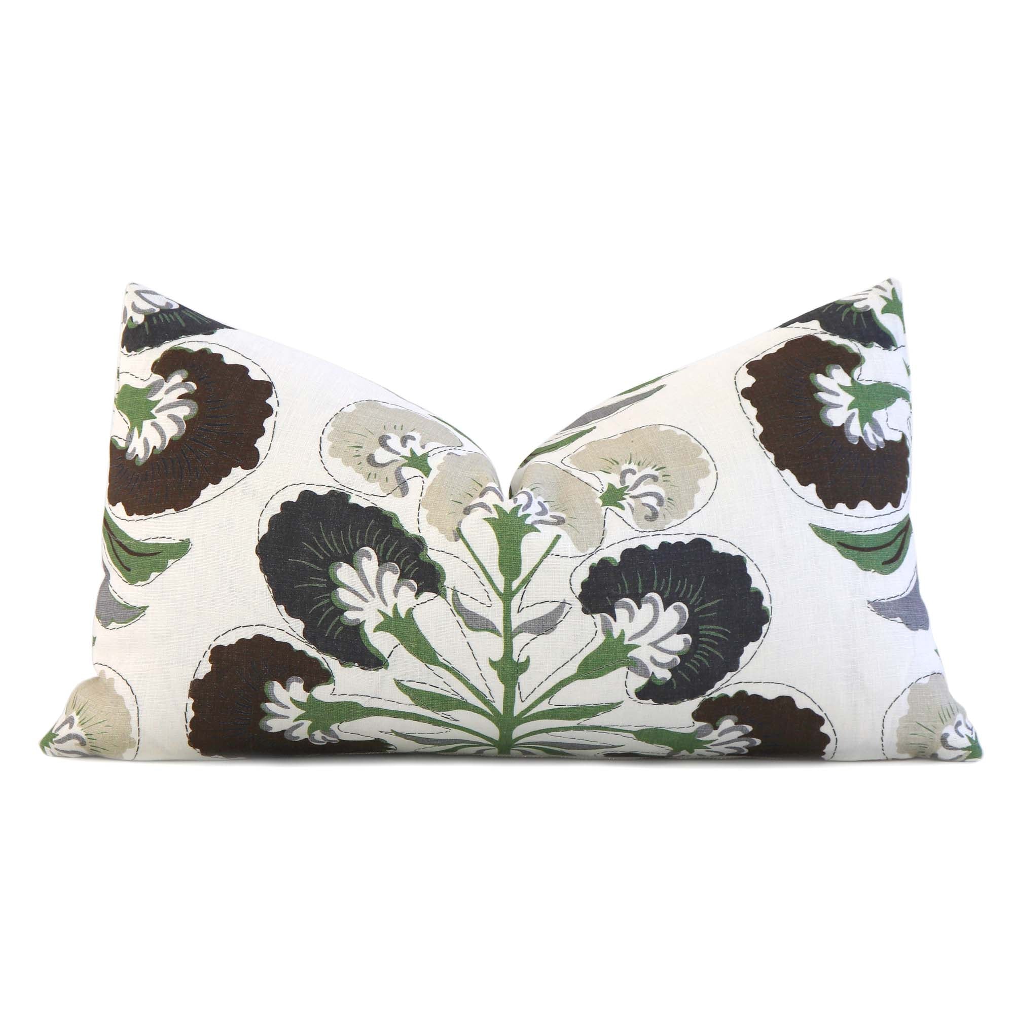 Thibaut Tybee Tree Black and Green Floral Block Print Designer Linen Luxury Decorative Lumbar Throw Pillow Cover