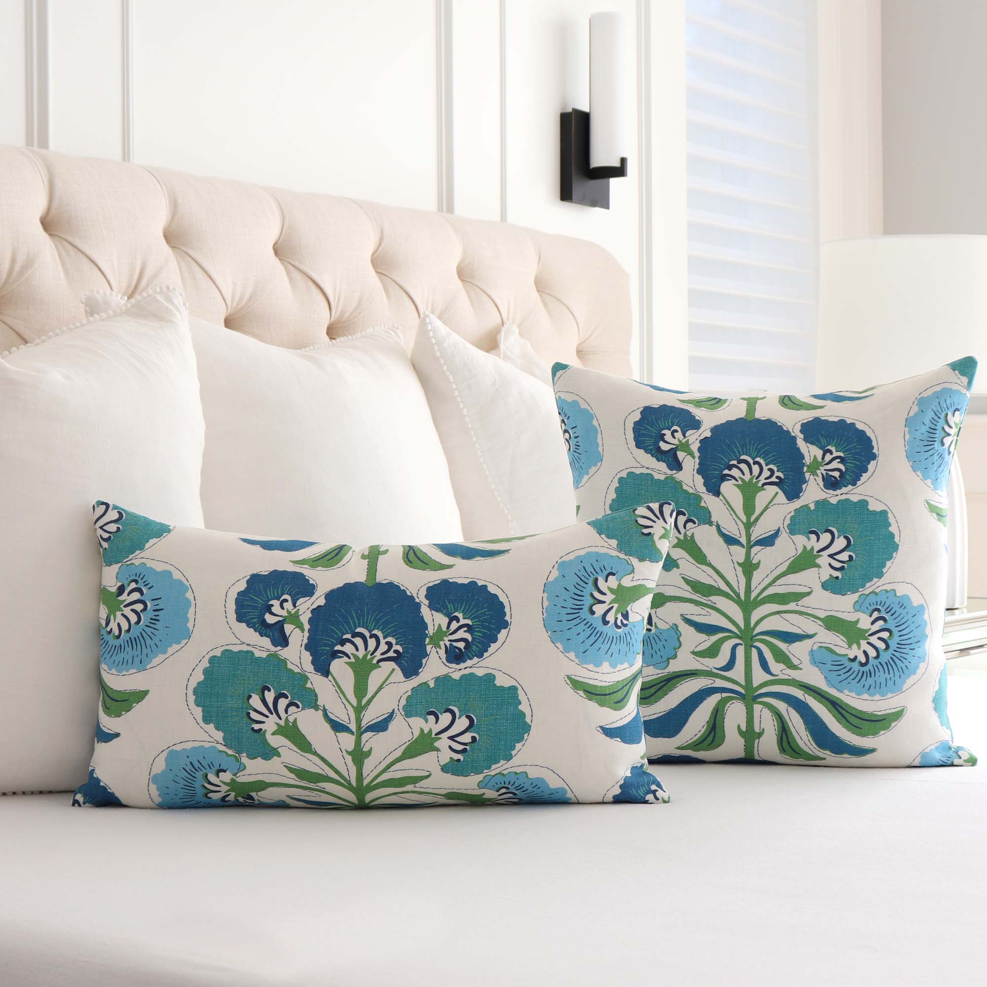 Thibaut Tybee Tree Blue and Green Floral Block Print Designer Linen Decorative Throw Pillow Cover in Bedroom on Bed