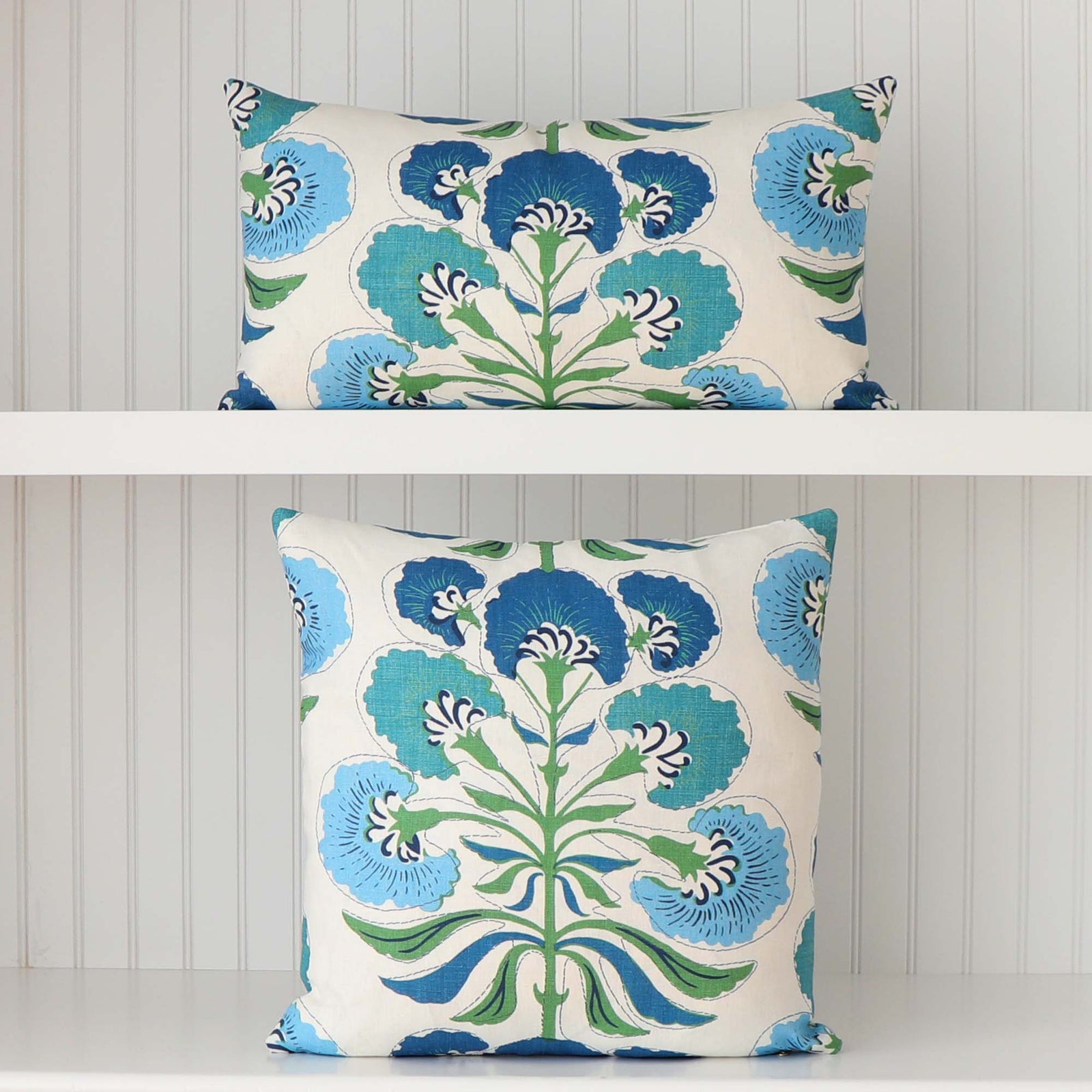Thibaut Tybee Tree Blue and Green Floral Block Print Designer Linen Decorative Throw Pillow Cover in Square and Lumbar Sizes