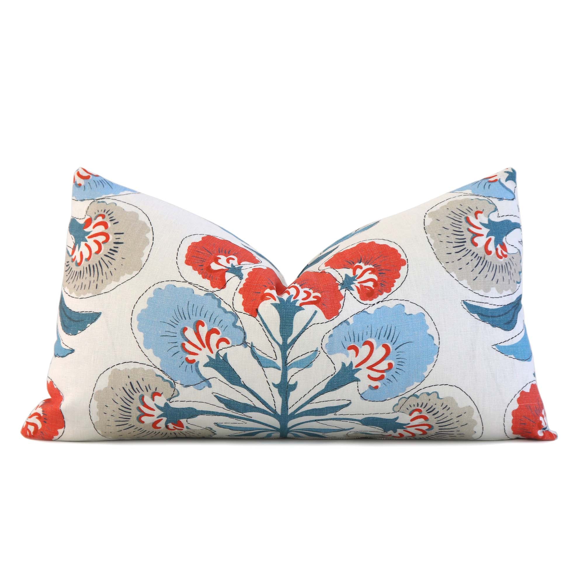Thibaut Tybee Tree French Blue Coral Orange Floral Block Print Designer Linen Decorative Lumbar Throw Pillow Cover