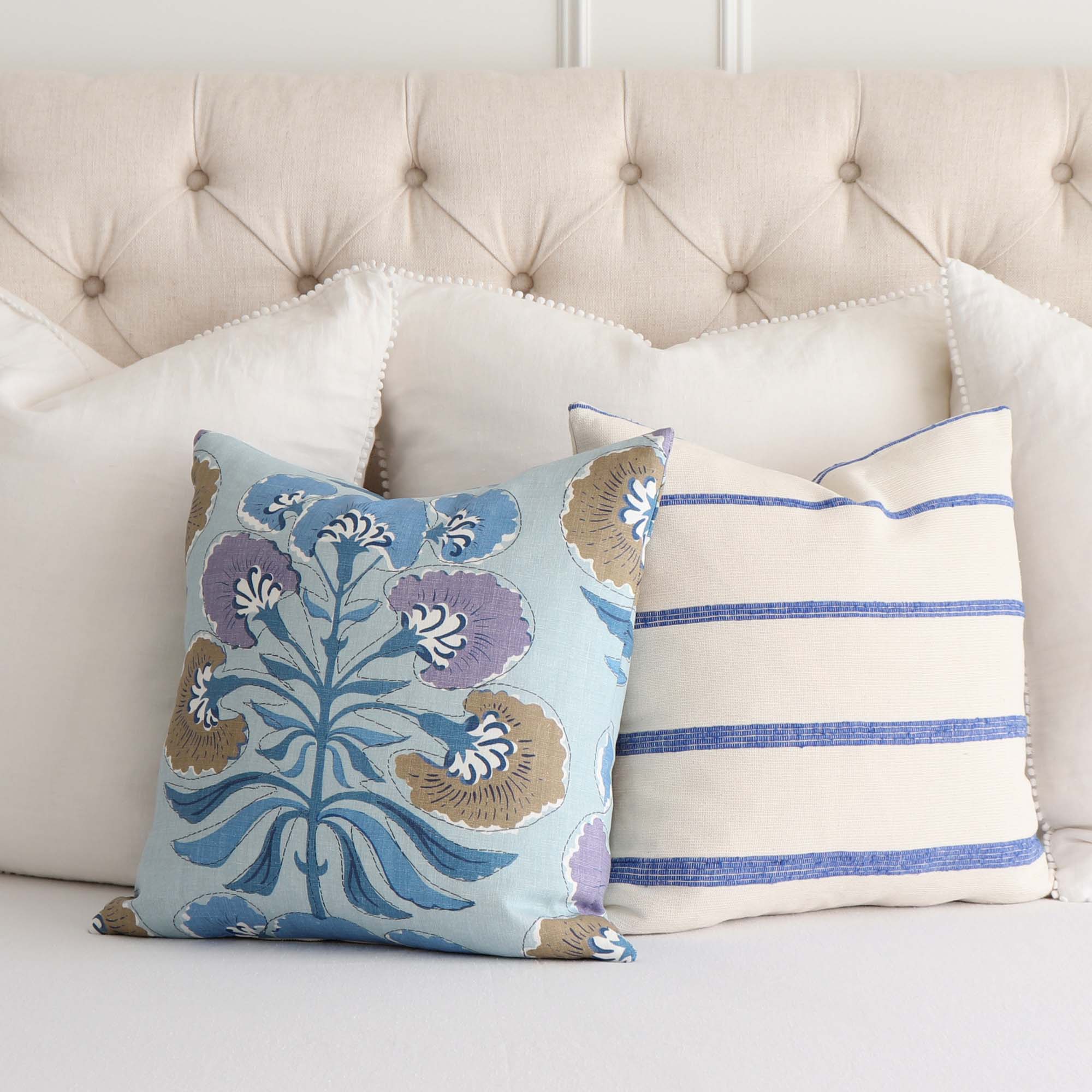 Thibaut Tybee Tree Lavender Purple Blue Floral Block Print Designer Linen Decorative Throw Pillow Cover with Matching Throw Pillow on Bed