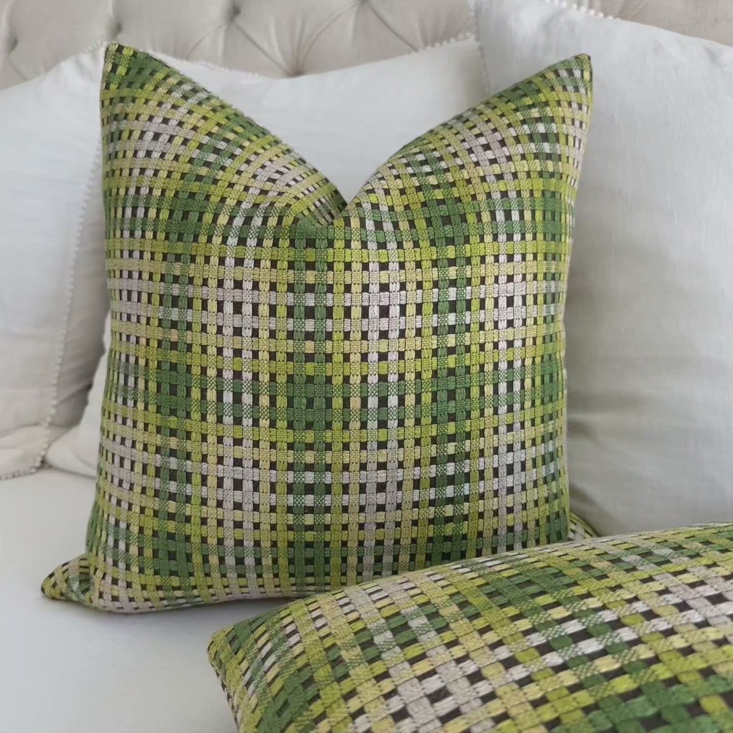 Scalamandre Twiggy Deep Forest Green and Yellow Checkered Striped Woven Gradient Designer Luxury Throw Pillow Cover Product Video