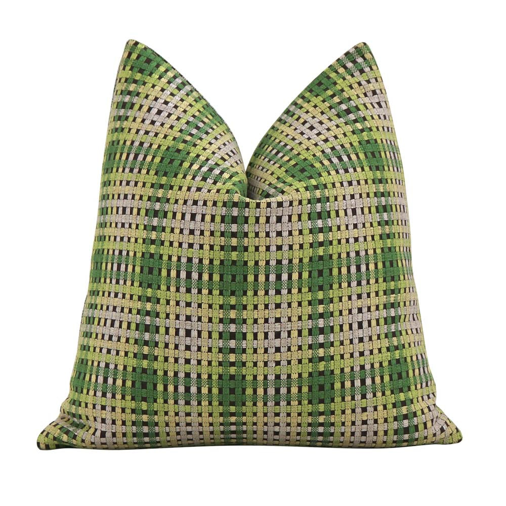Scalamandre Twiggy Deep Forest Green and Yellow Checkered Striped Woven Gradient Designer Luxury Throw Pillow Cover
