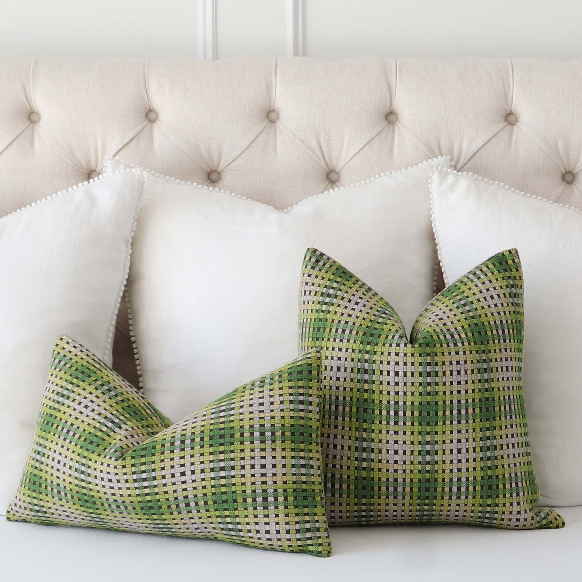Scalamandre Twiggy Deep Forest Green and Yellow Checkered Striped Woven Gradient Designer Luxury Throw Pillow Cover on Bed