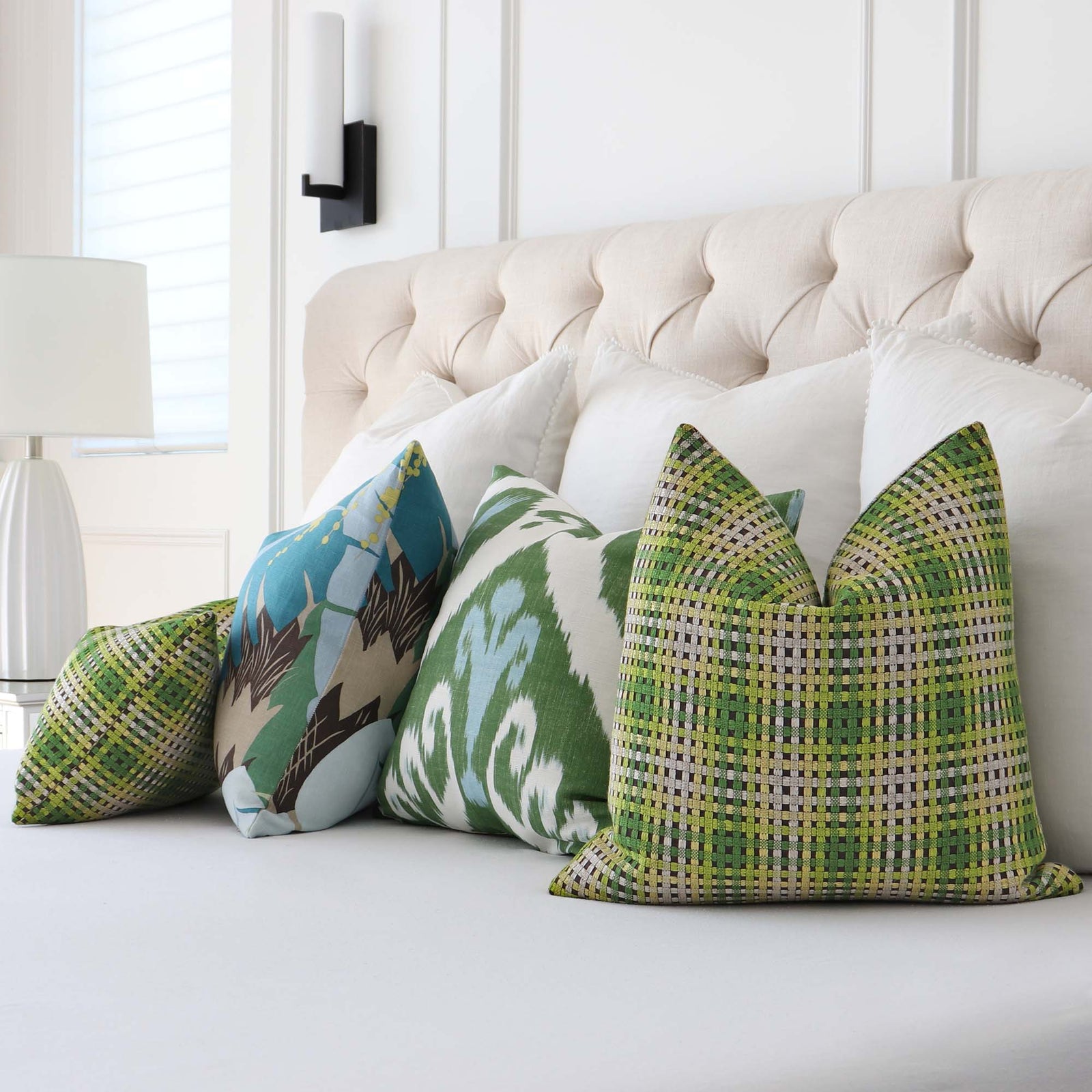 Scalamandre Twiggy Deep Forest Green and Yellow Checkered Striped Woven Gradient Designer Luxury Throw Pillow Cover with Matching Throw Pillows in Bedroom