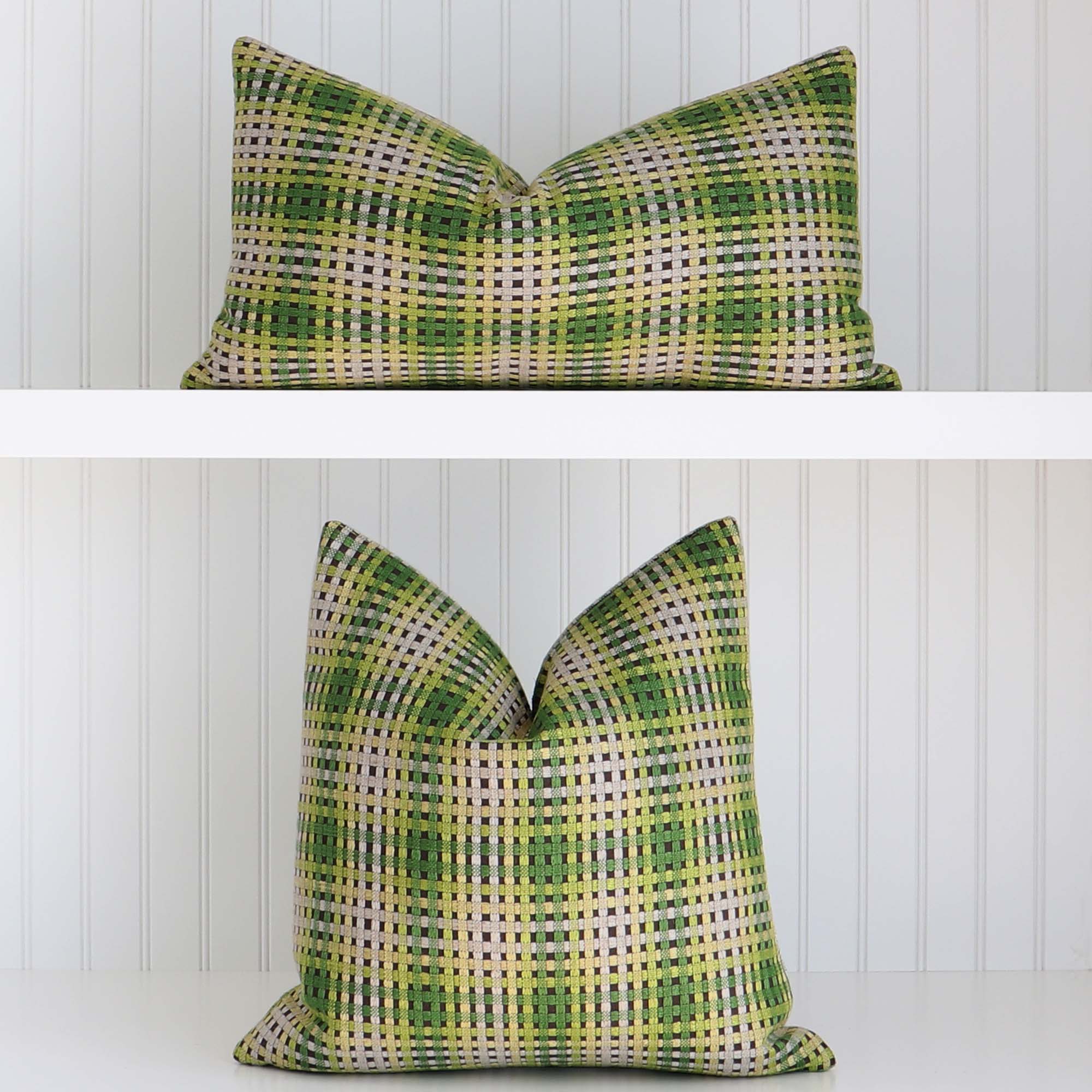 Scalamandre Twiggy Deep Forest Green and Yellow Checkered Striped Woven Gradient Designer Luxury Throw Pillow Cover