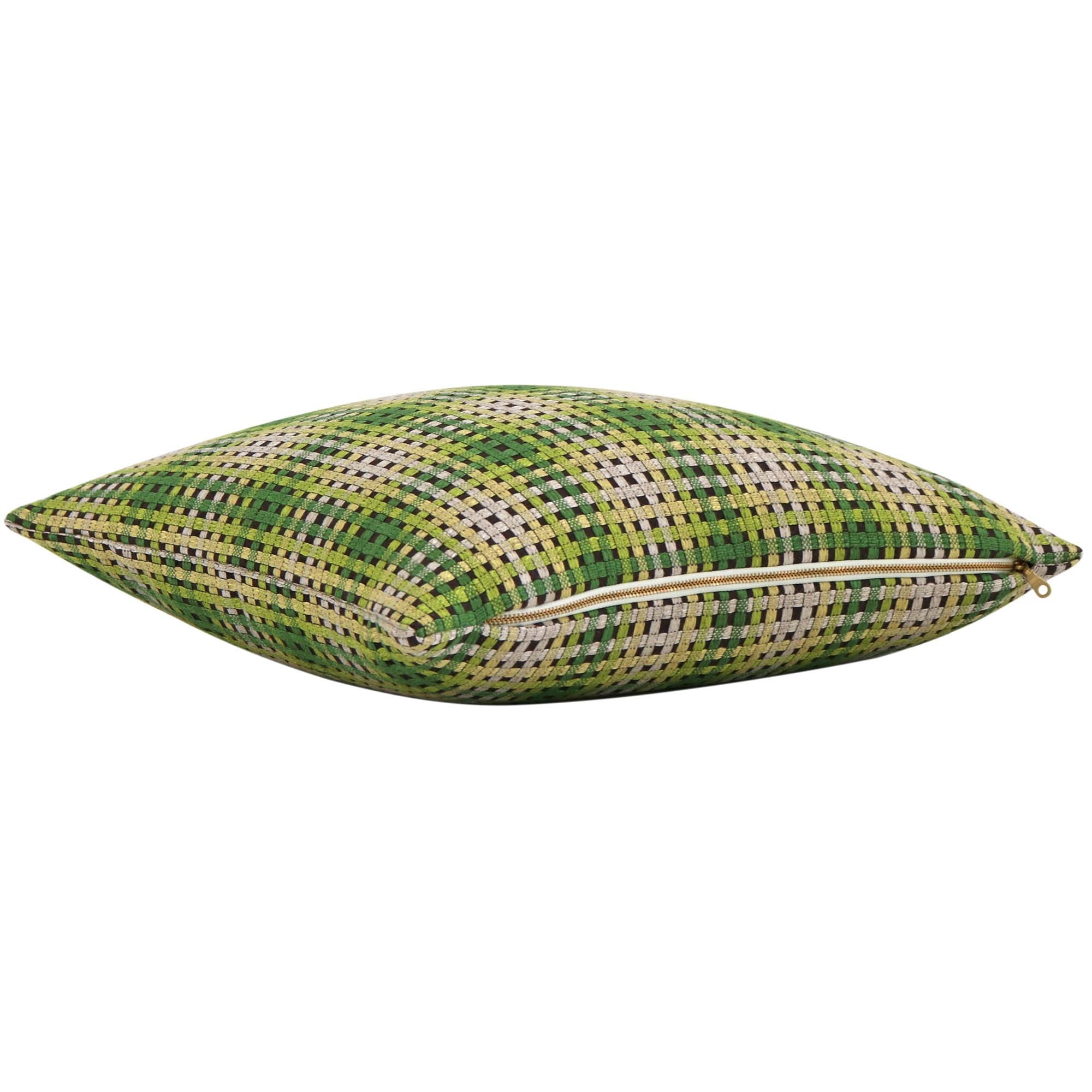 Scalamandre Twiggy Deep Forest Green and Yellow Checkered Striped Woven Gradient Designer Luxury Throw Pillow Cover with Exposed Brass Gold Zipper
