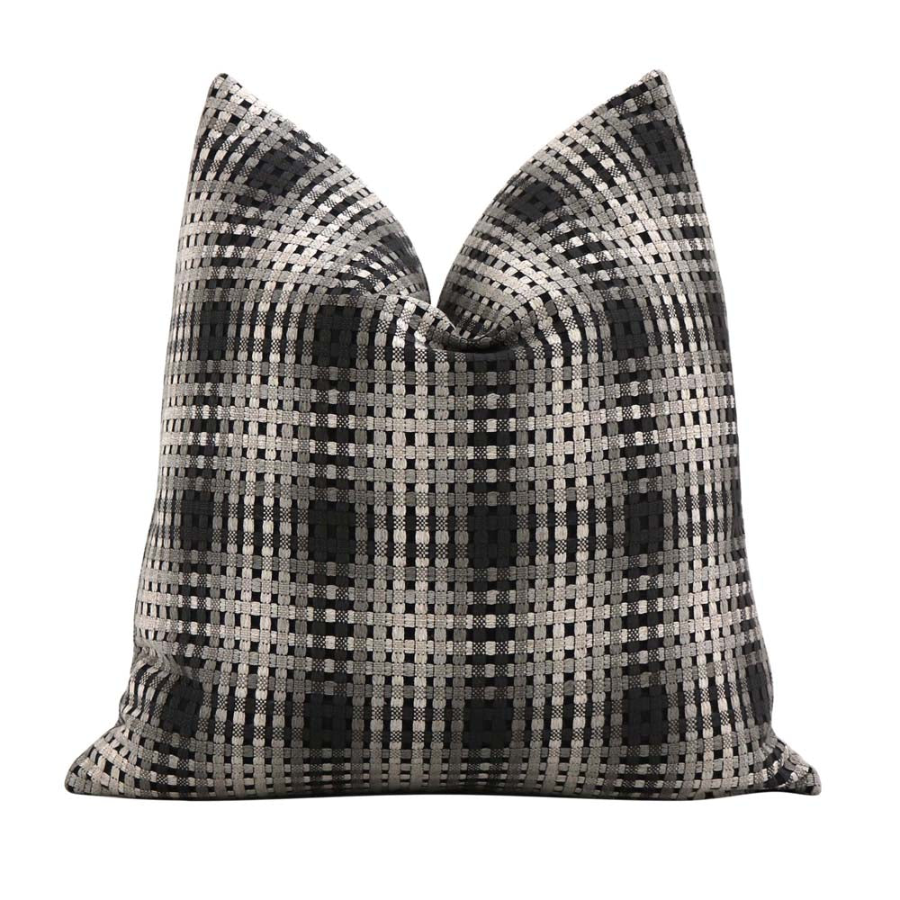 Scalamandre Twiggy Natural Shades Black Gray Checkered Striped Woven Gradient Designer Luxury Throw Pillow Cover