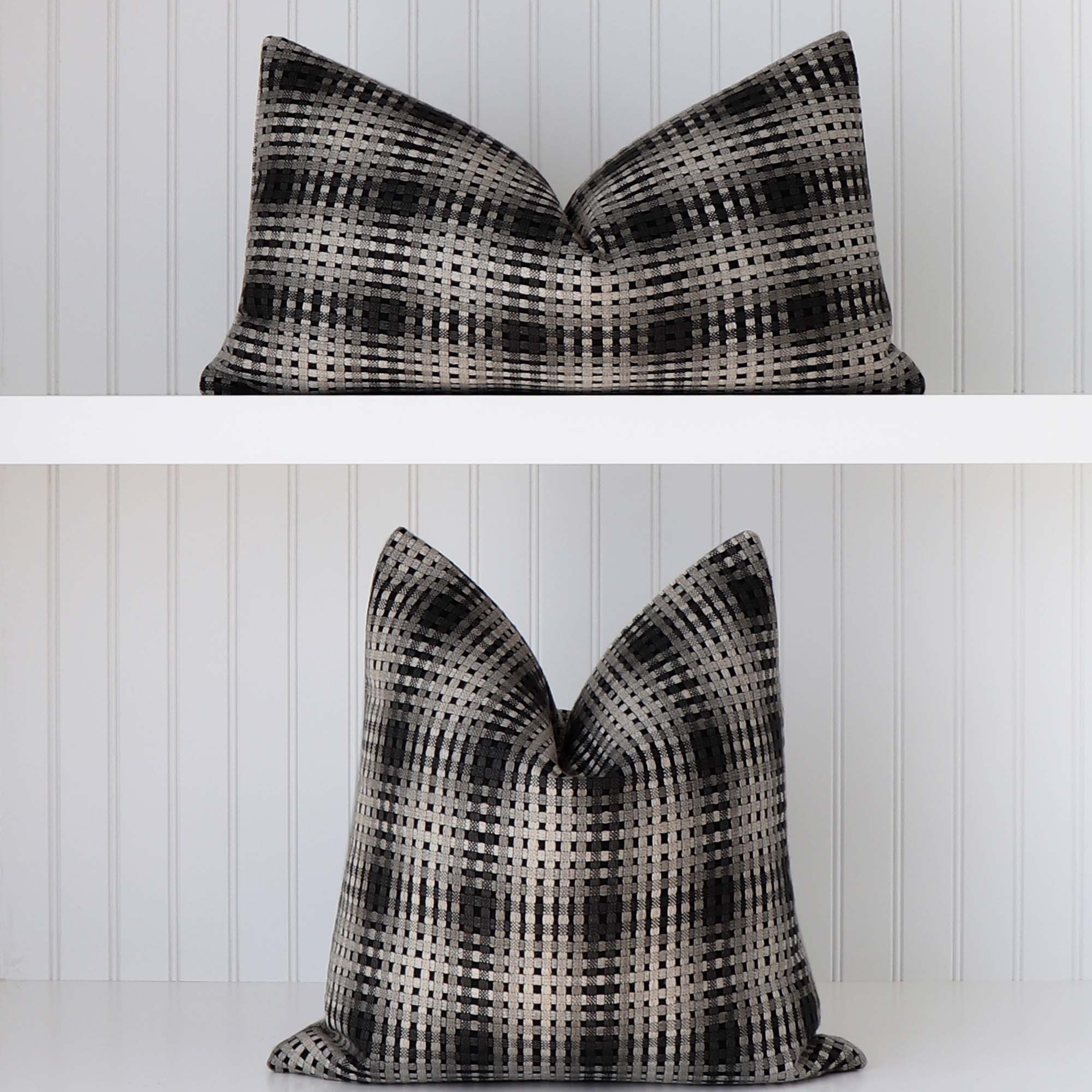 Scalamandre Twiggy Natural Shades Black Gray Checkered Striped Woven Gradient Designer Luxury Throw Pillow Cover Available in Square and Lumbar Sizes