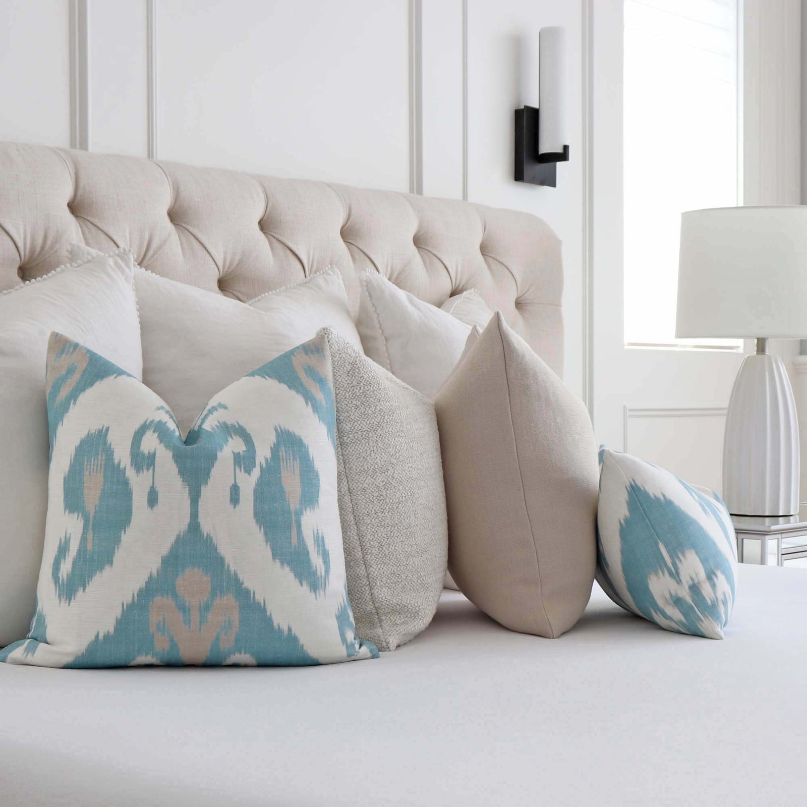 Thibaut Indies Ikat French Blue Large Scale Bold Graphic Designer Decorative Throw Pillow Cover in Bed