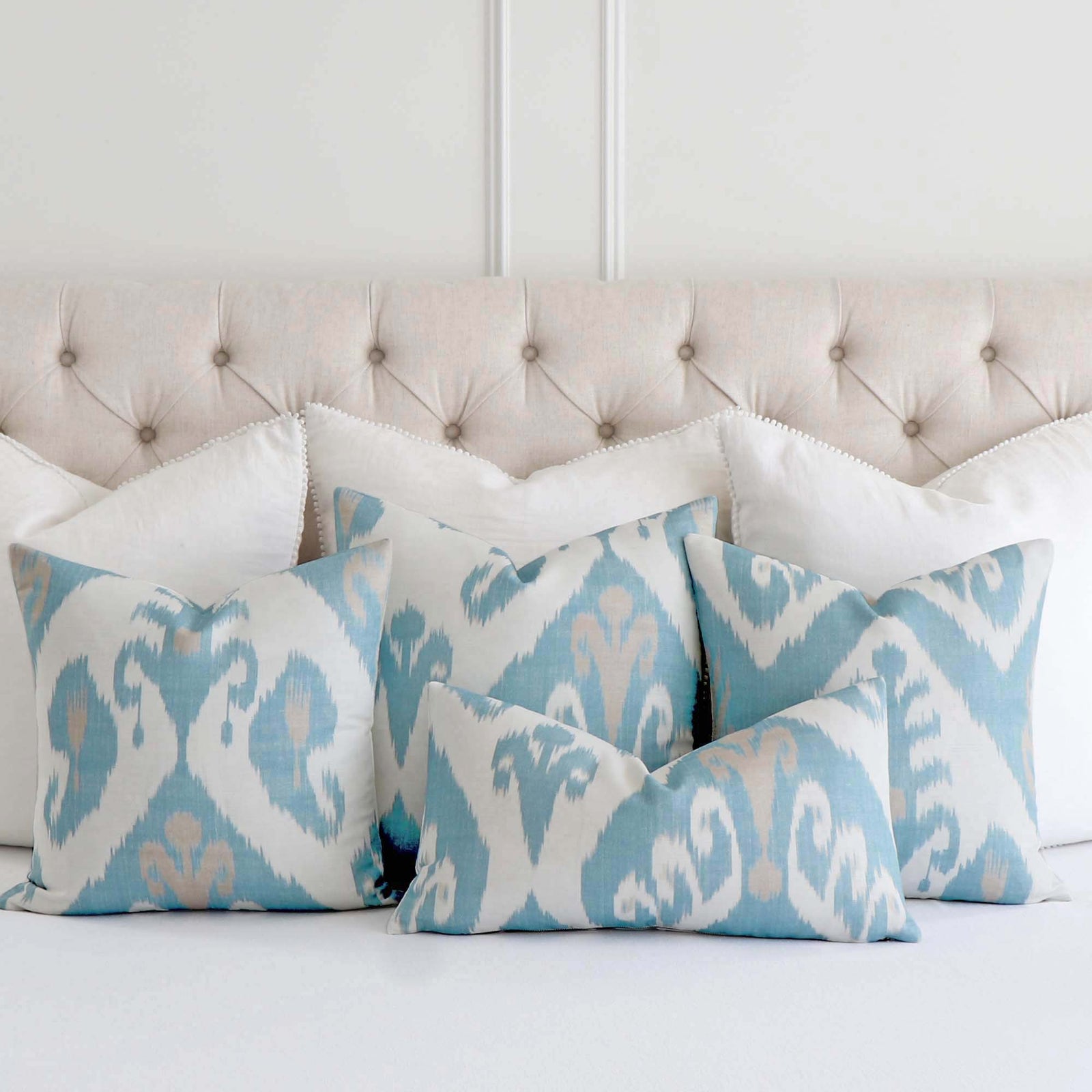 Thibaut Indies Ikat French Blue Large Scale Bold Graphic Designer Decorative Throw Pillow Cover with All Pattern Placements on Bed