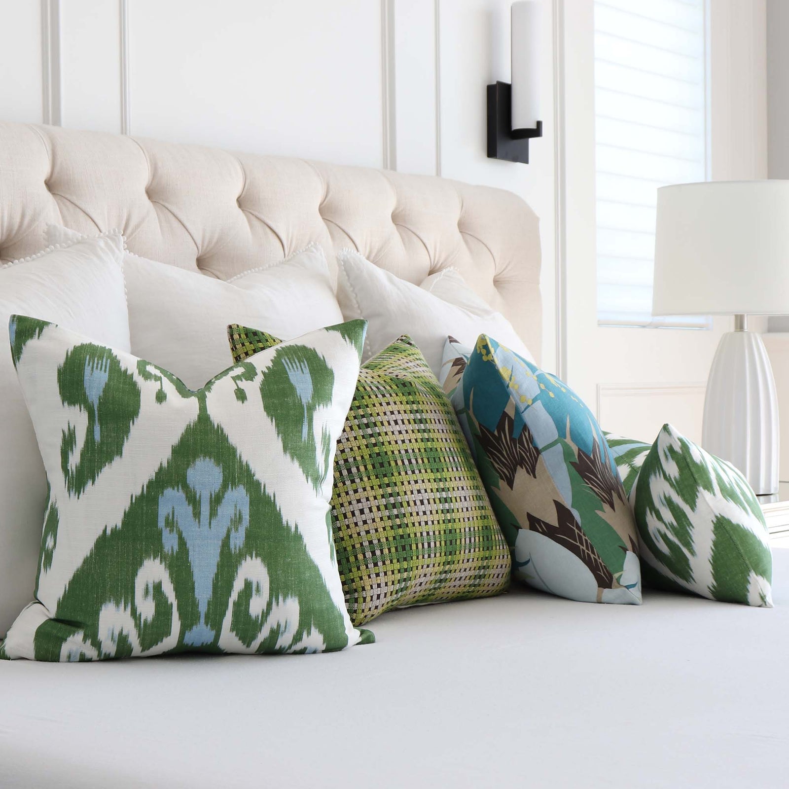 Thibaut Indies Ikat Green Large Scale Bold Graphic Designer Decorative Throw Pillow Cover with Coordinating Throw Pillows in Bedroom