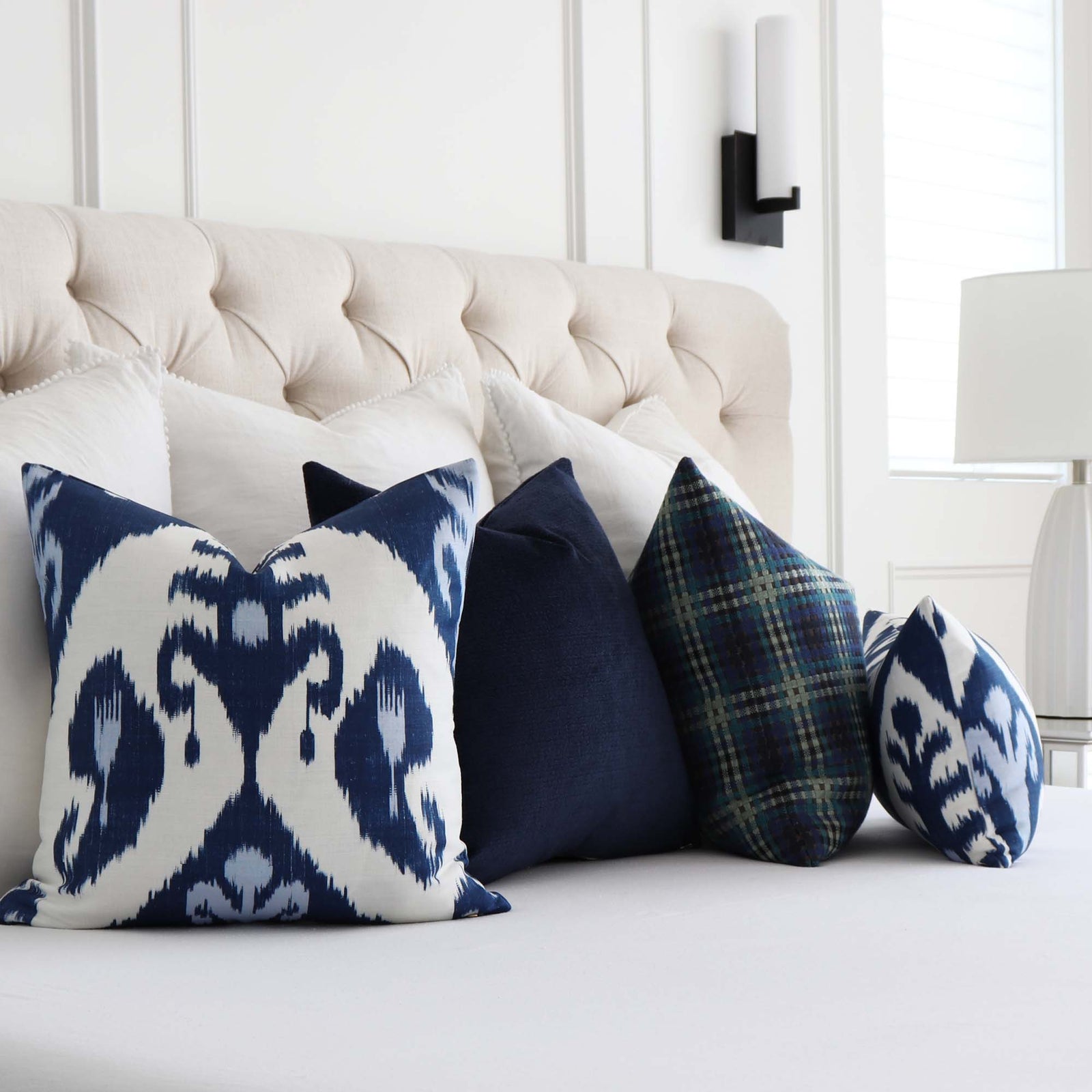 Thibaut Indies Ikat Navy Large Scale Bold Graphic Designer Decorative Throw Pillow Cover in Bedroom