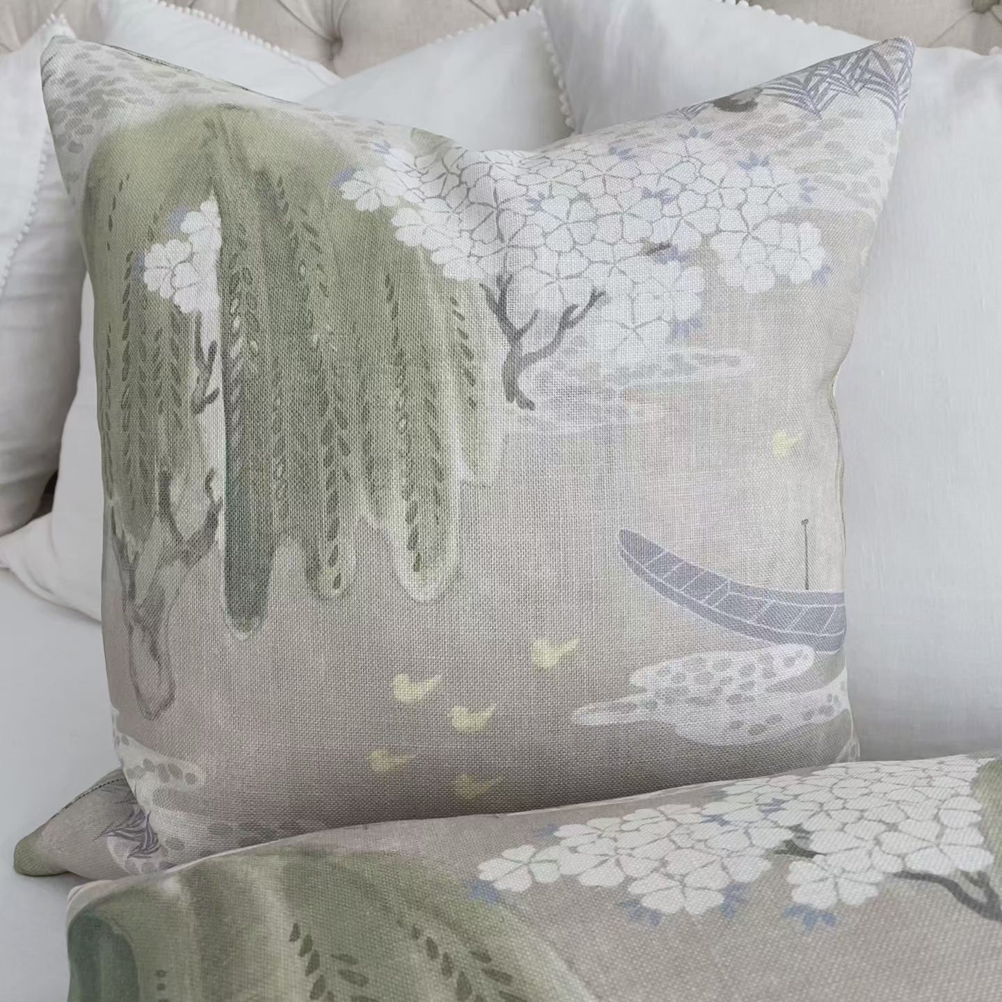 Thibaut Willow Tree Beige Chinoiserie Printed Floral Decorative Throw Pillow Cover Product Video